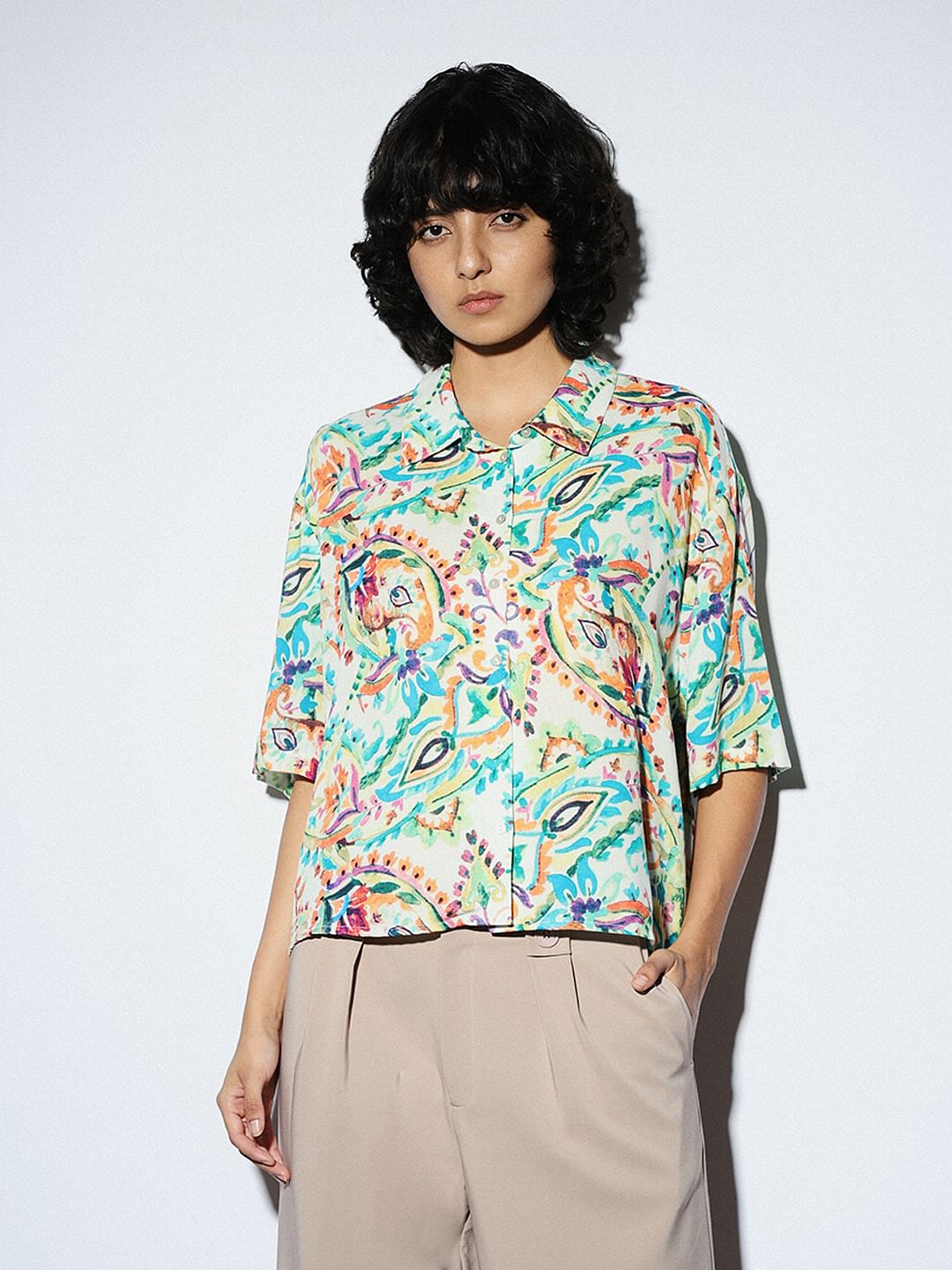 White Floral Loose Fit Shirt