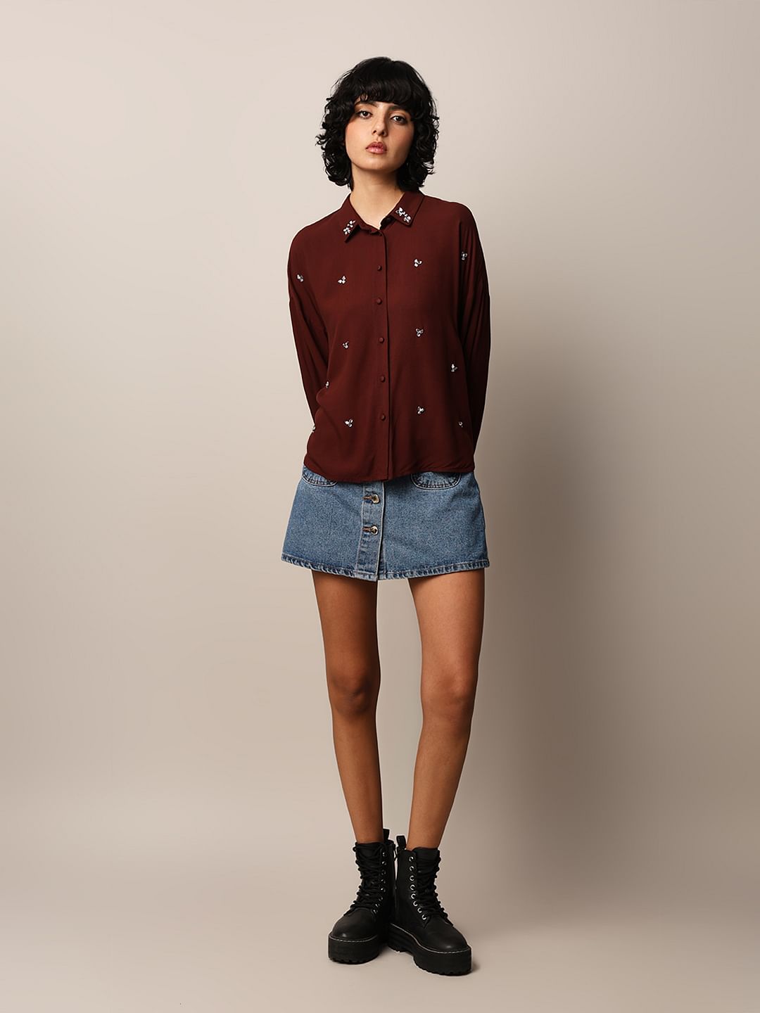 Dark Brown Rhinestone Embellished Shirt
