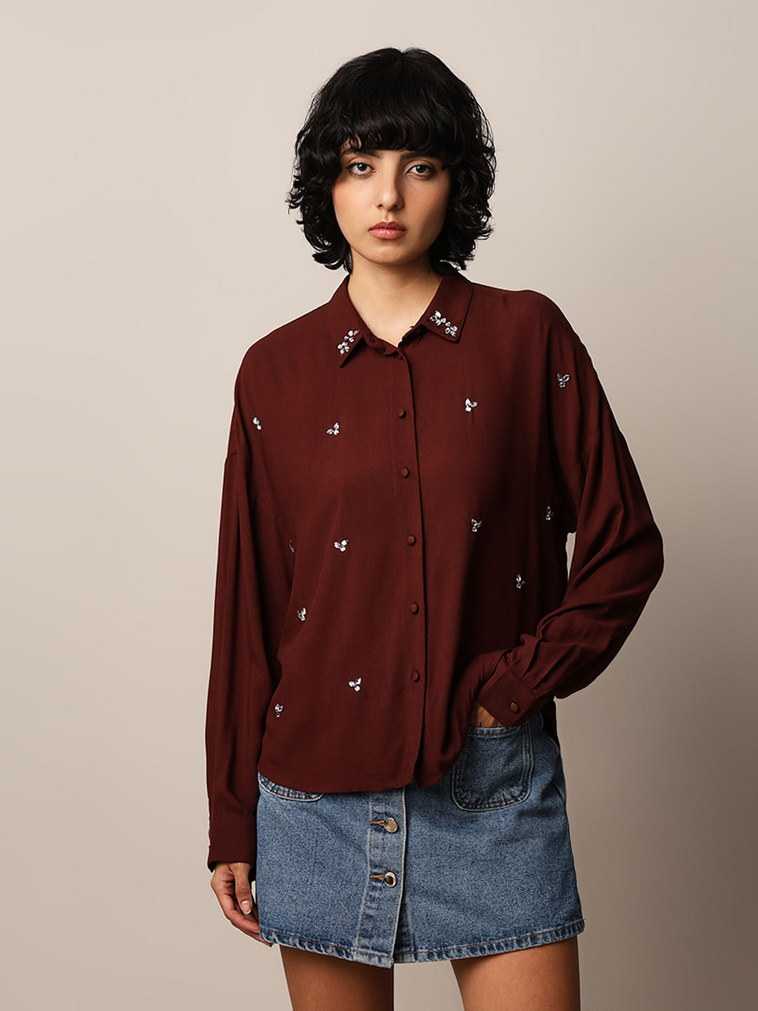 Dark Brown Rhinestone Embellished Shirt