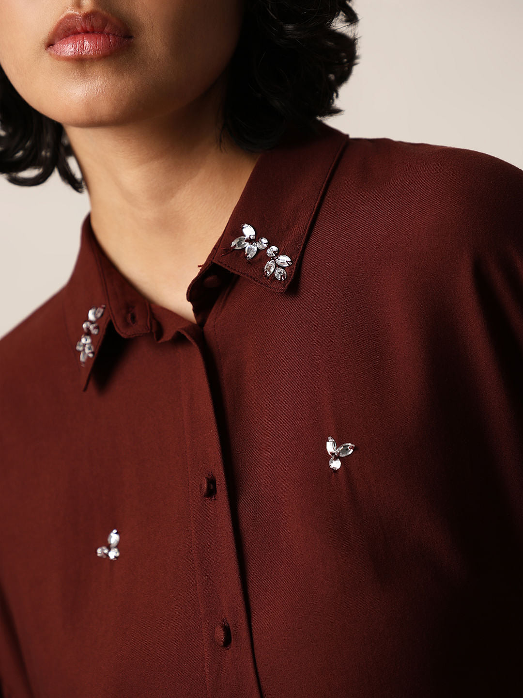 Dark Brown Rhinestone Embellished Shirt