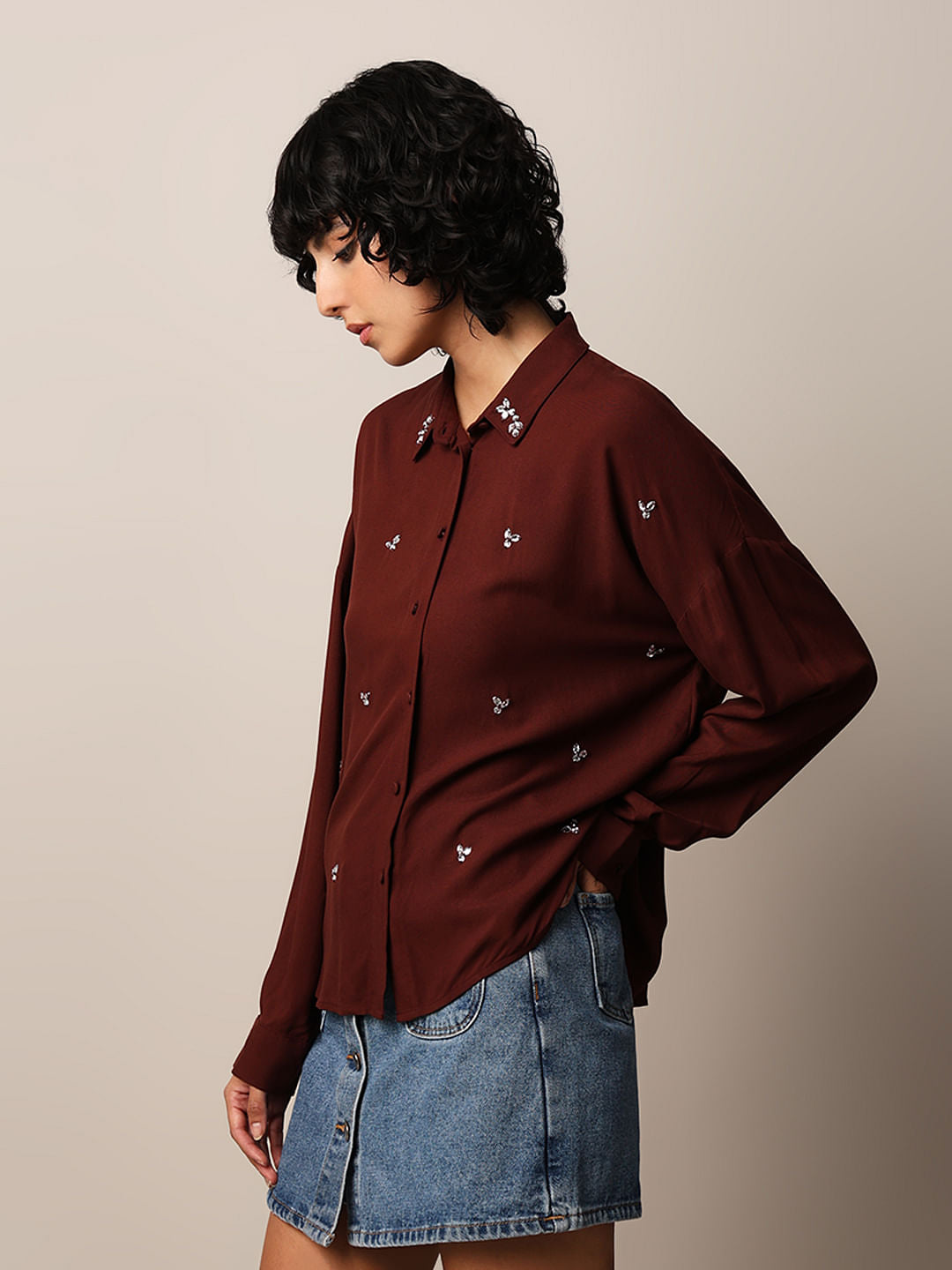 Dark Brown Rhinestone Embellished Shirt