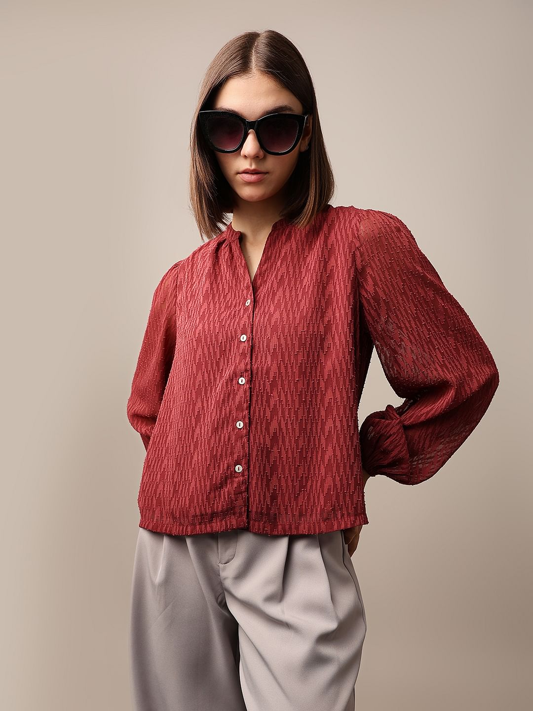 Rust Red Textured V-Neck Top