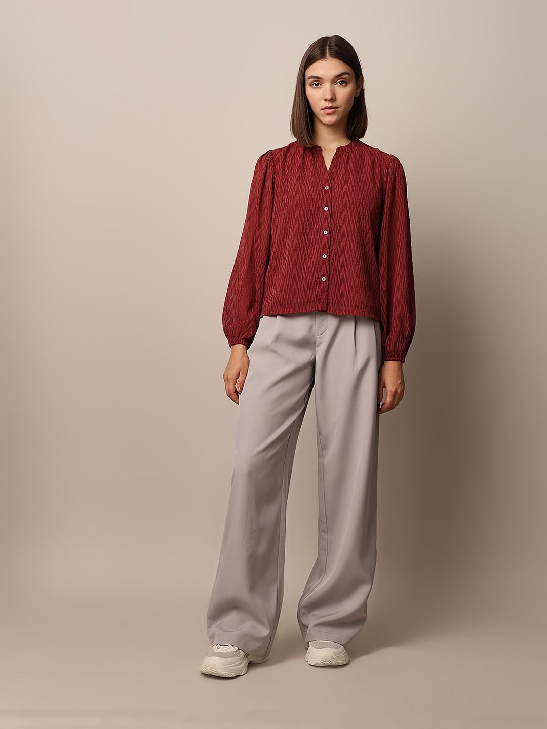 Rust Red Textured V-Neck Top