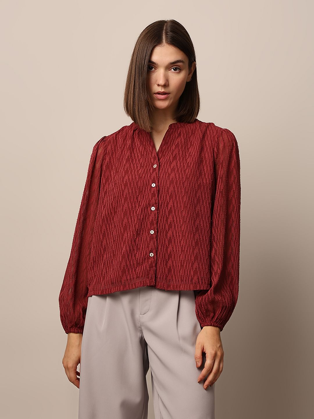Rust Red Textured V-Neck Top