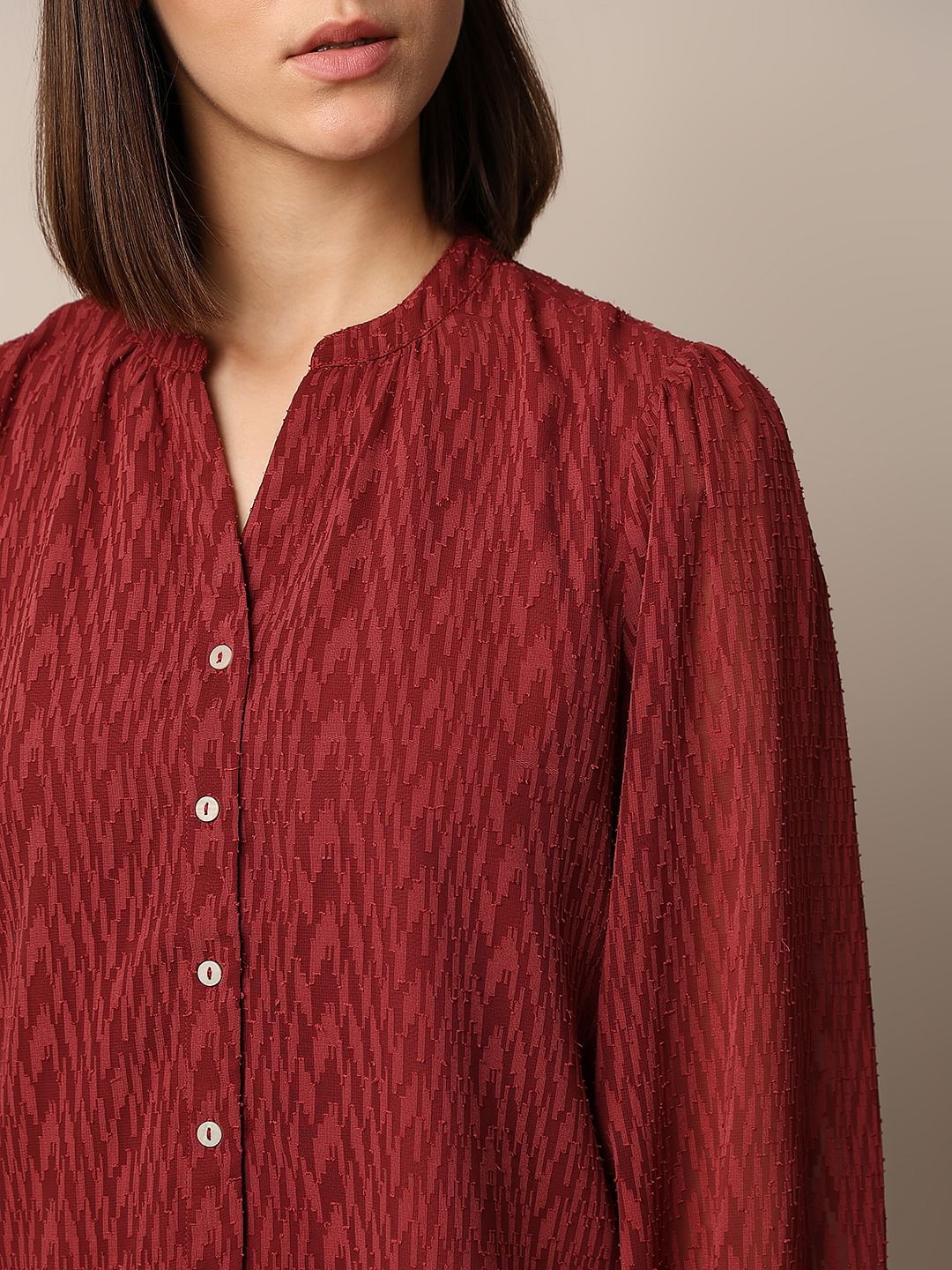 Rust Red Textured V-Neck Top