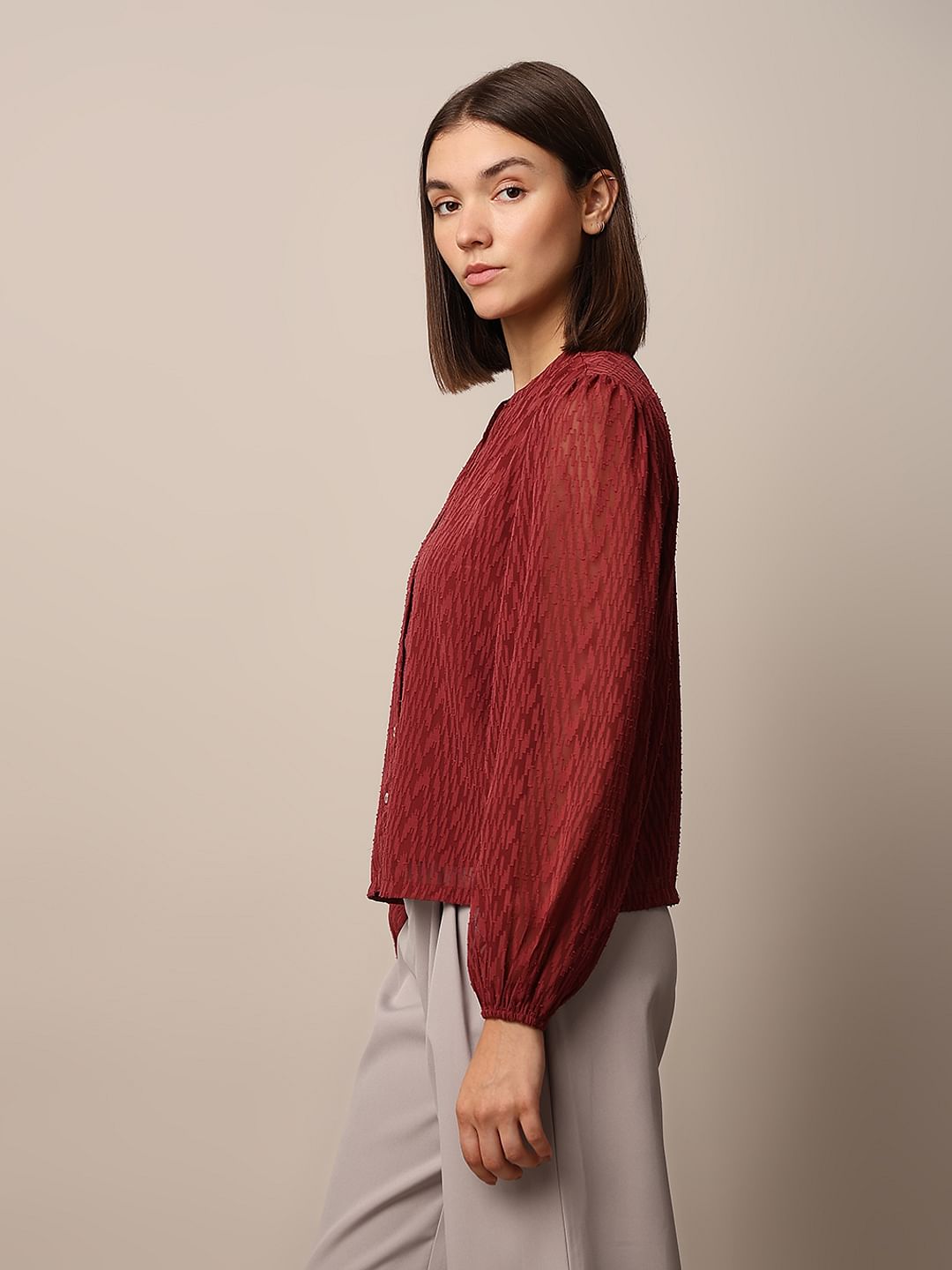 Rust Red Textured V-Neck Top