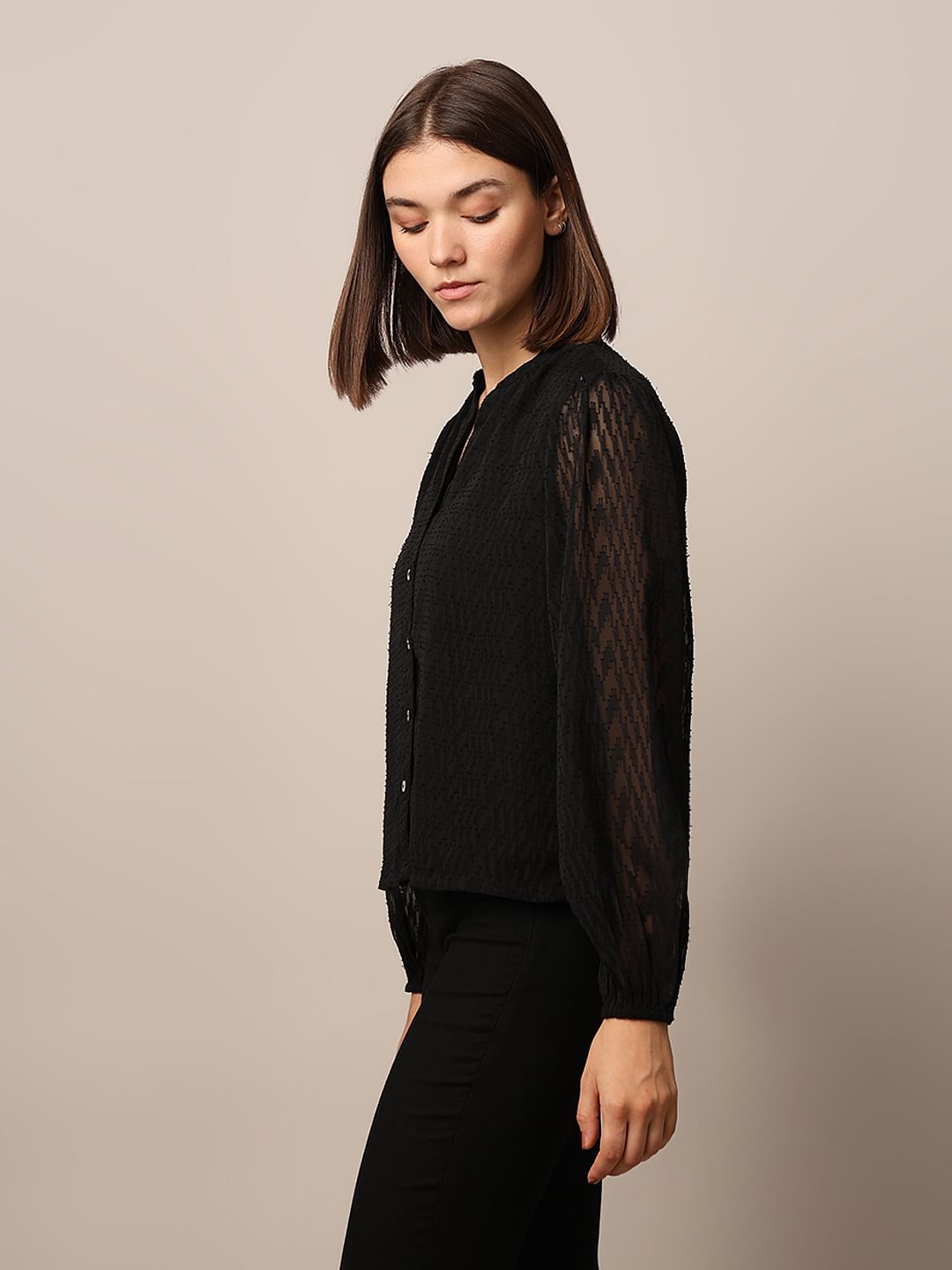 Black Textured V-Neck Top