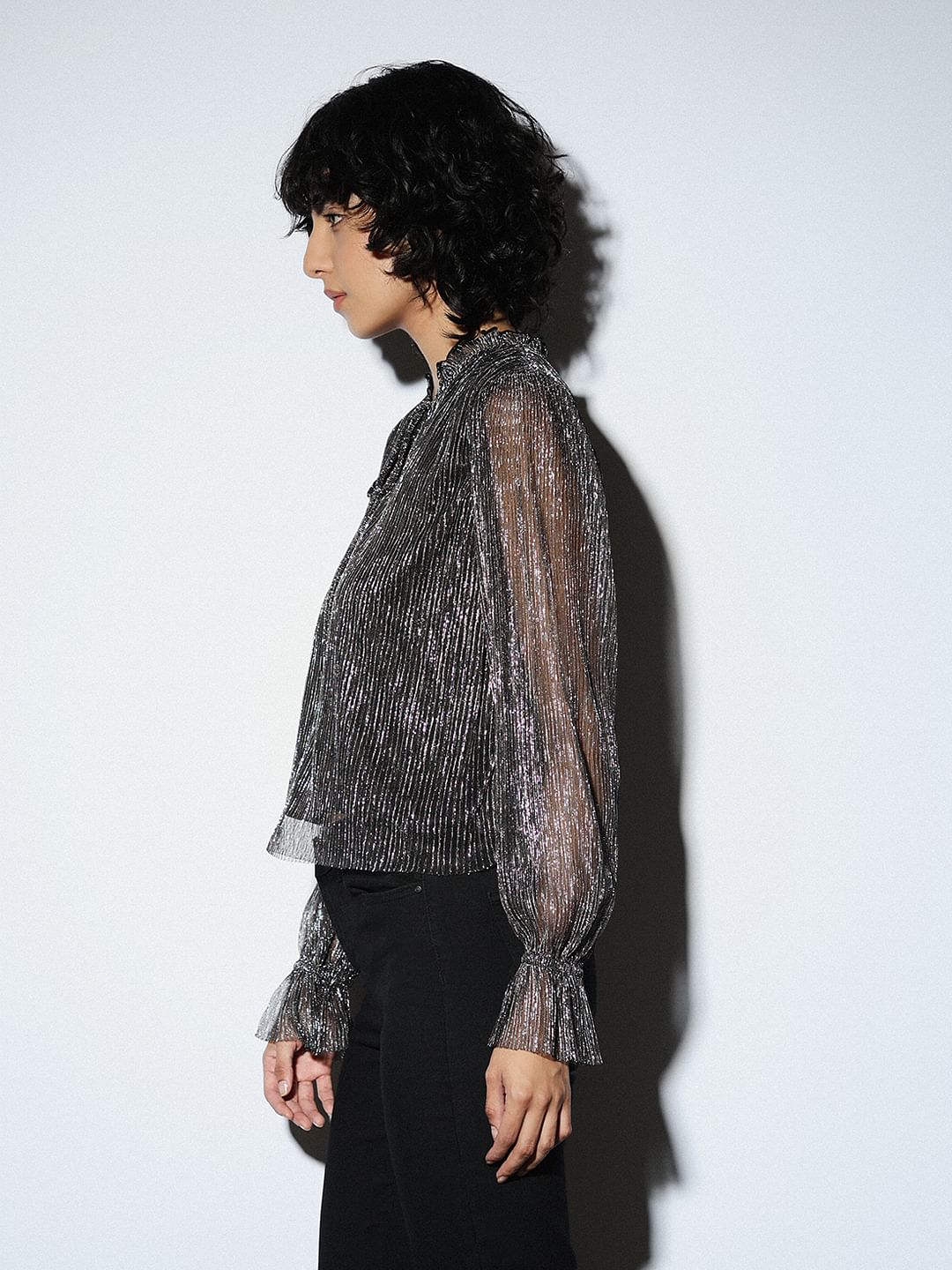 Black Plisse Shimmer Top