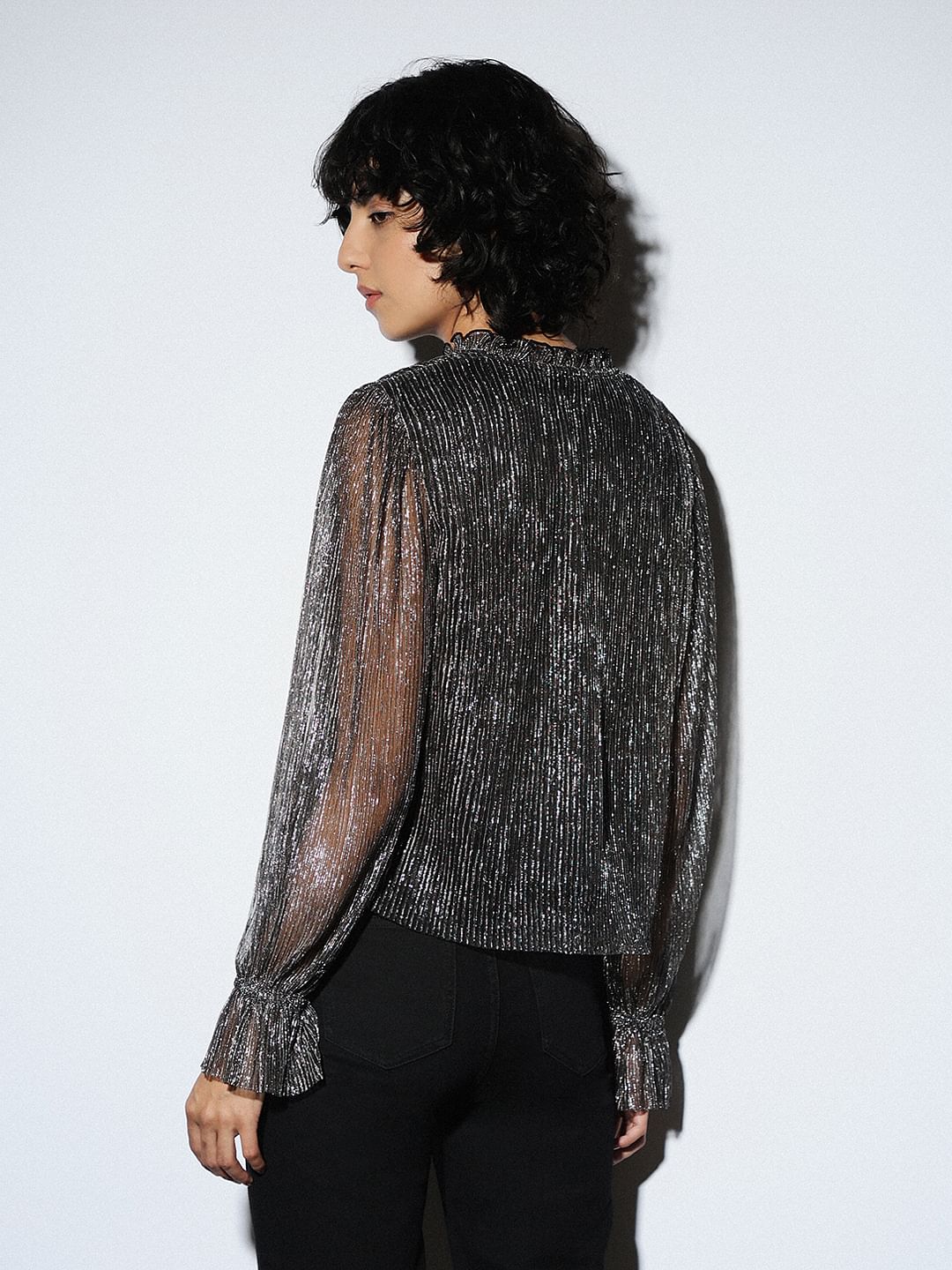 Black Plisse Shimmer Top