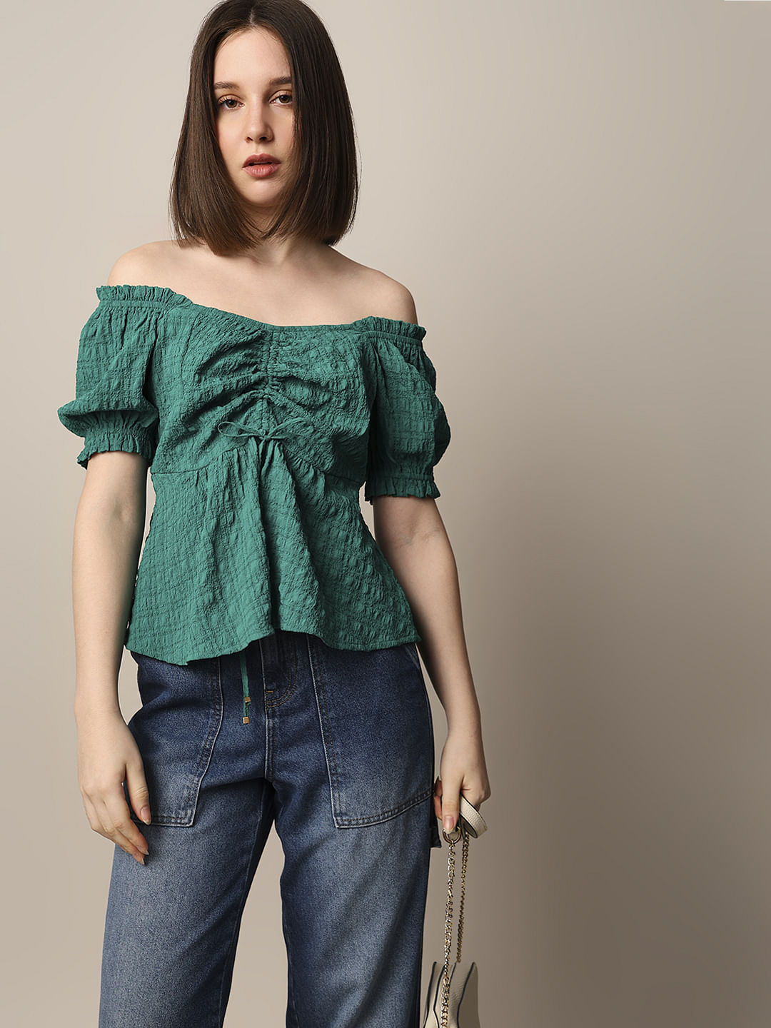 Green Textured Peplum Top