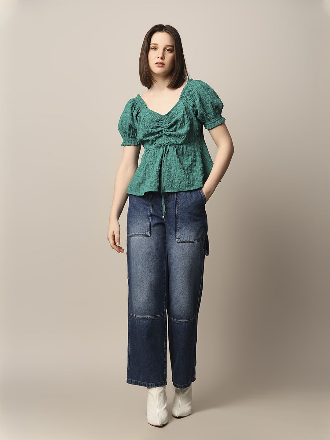 Green Textured Peplum Top