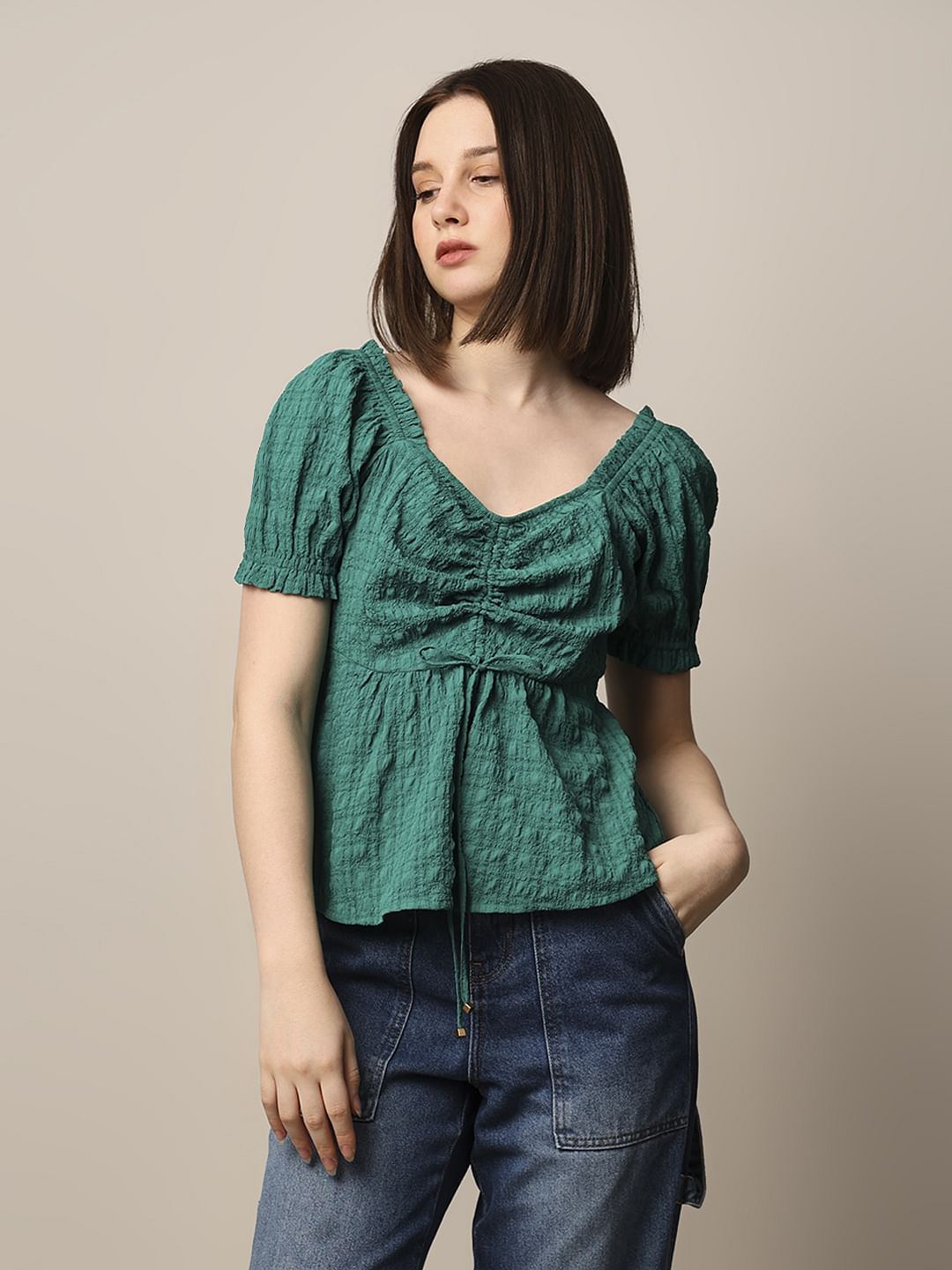 Green Textured Peplum Top