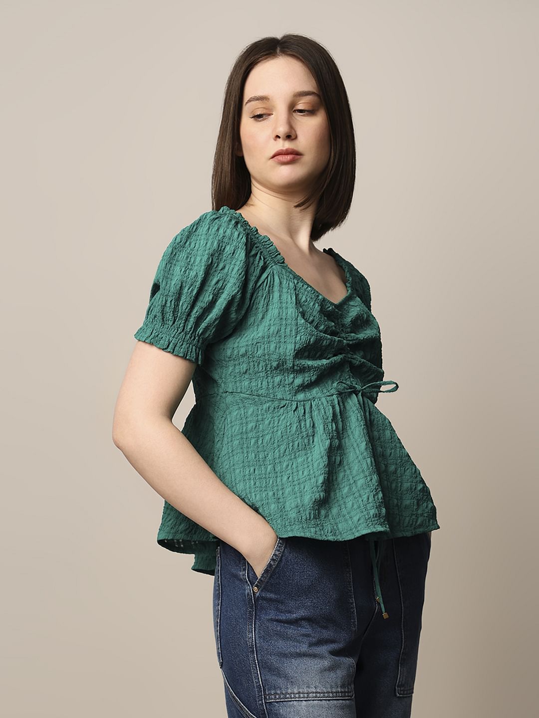 Green Textured Peplum Top