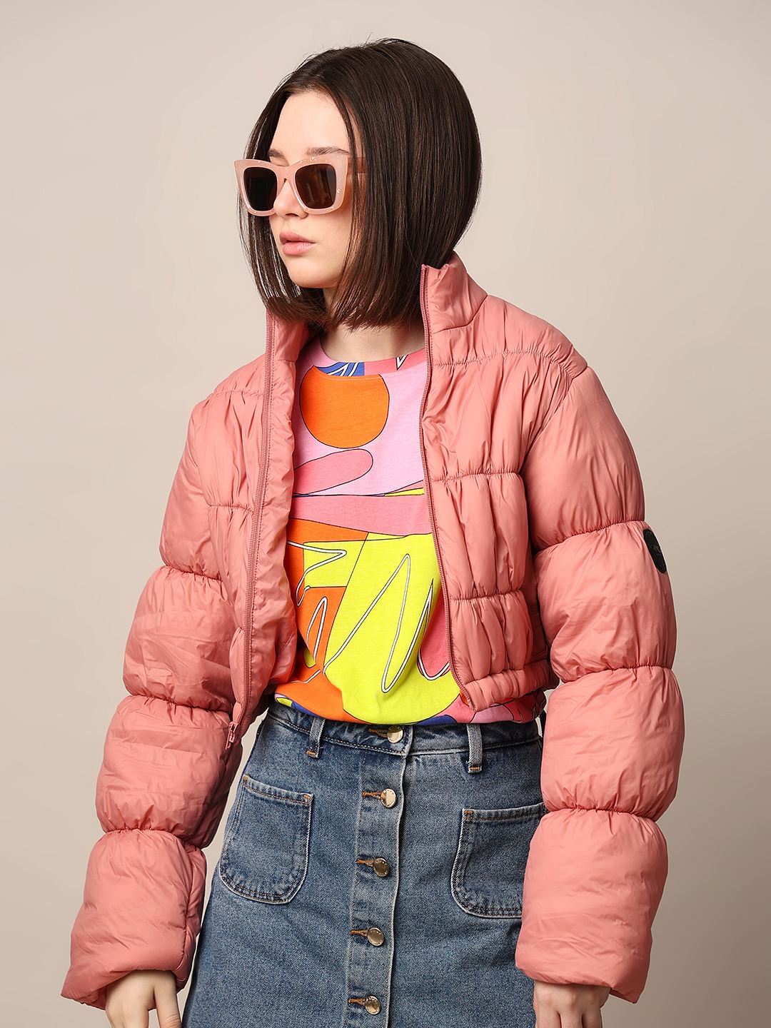 Pink Cropped Puffer Jacket