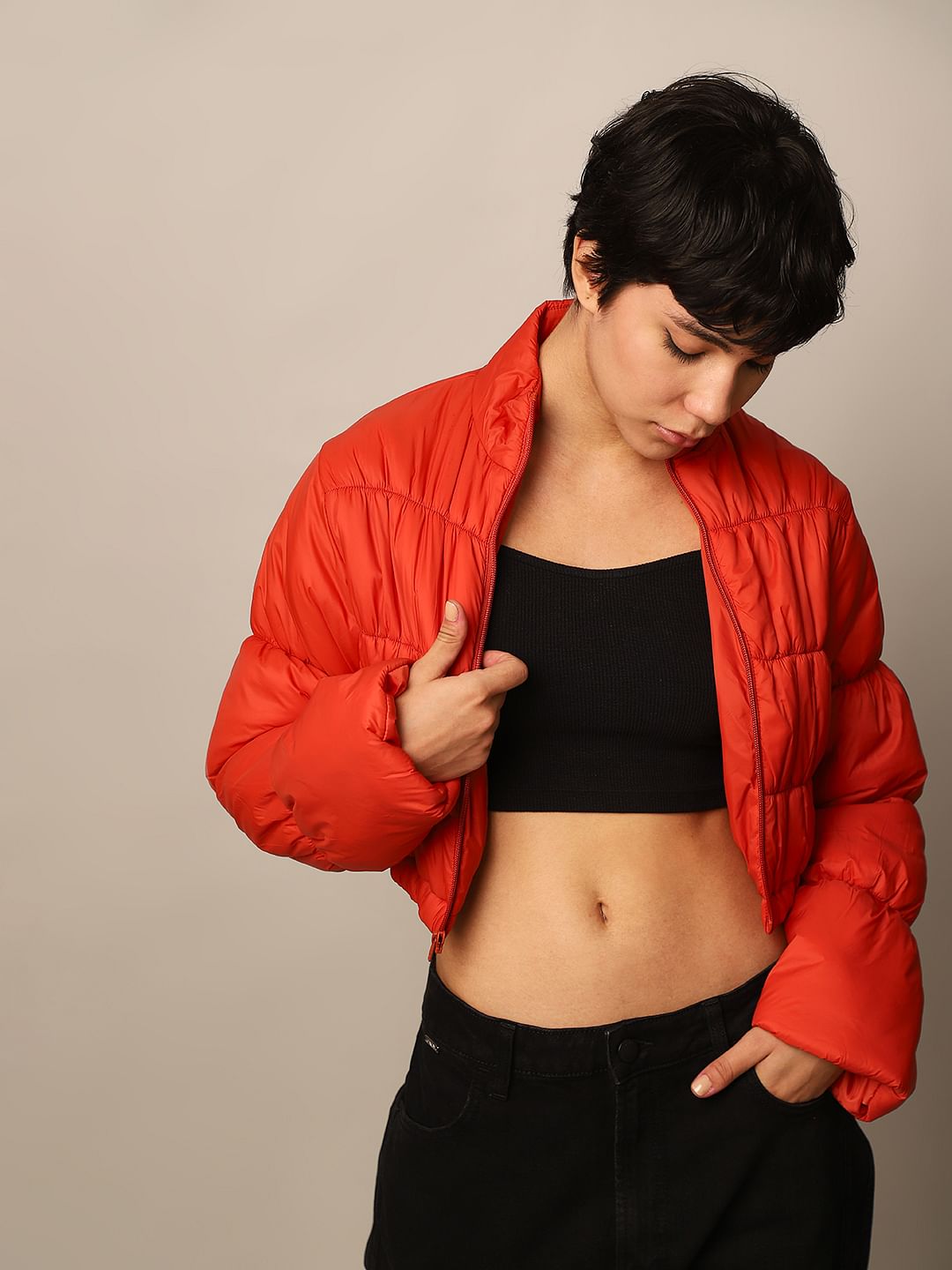 Orange Cropped Puffer Jacket