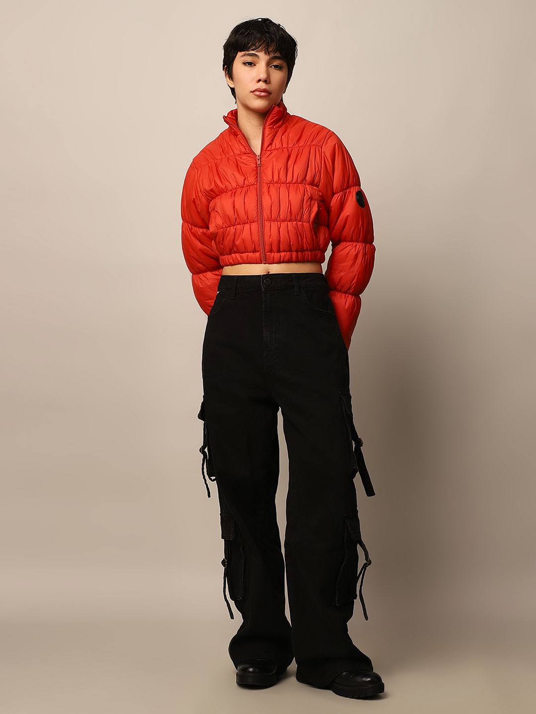 Orange Cropped Puffer Jacket