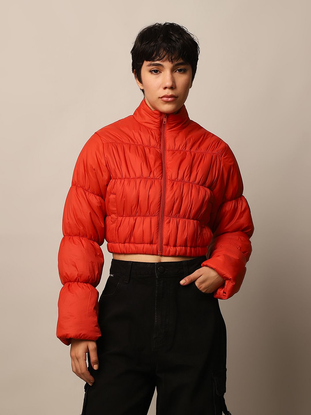 Orange Cropped Puffer Jacket