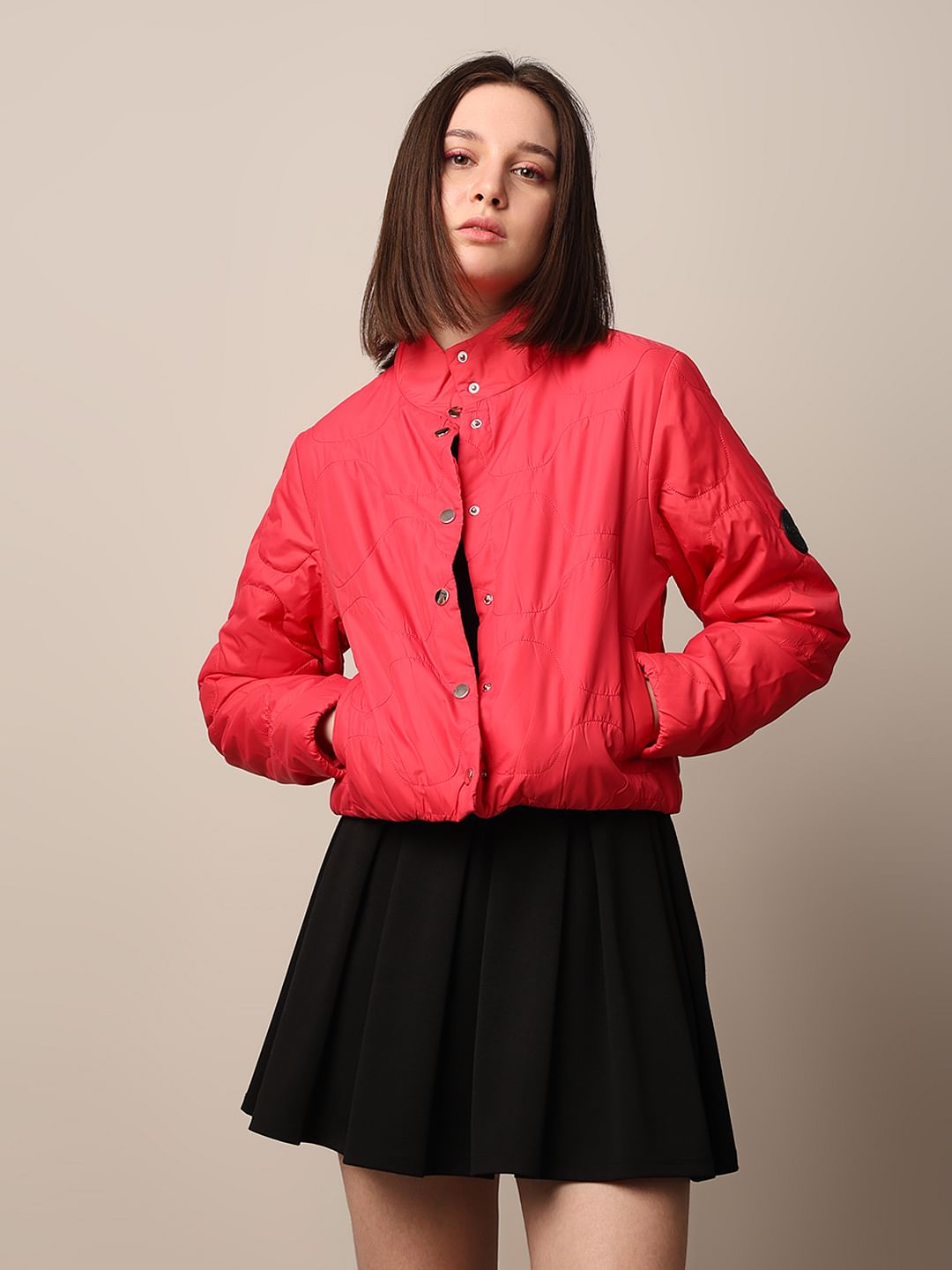 Red Cropped Quilted Puffer Jacket