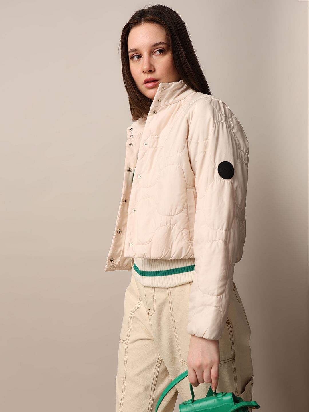 Beige Cropped Quilted Puffer Jacket