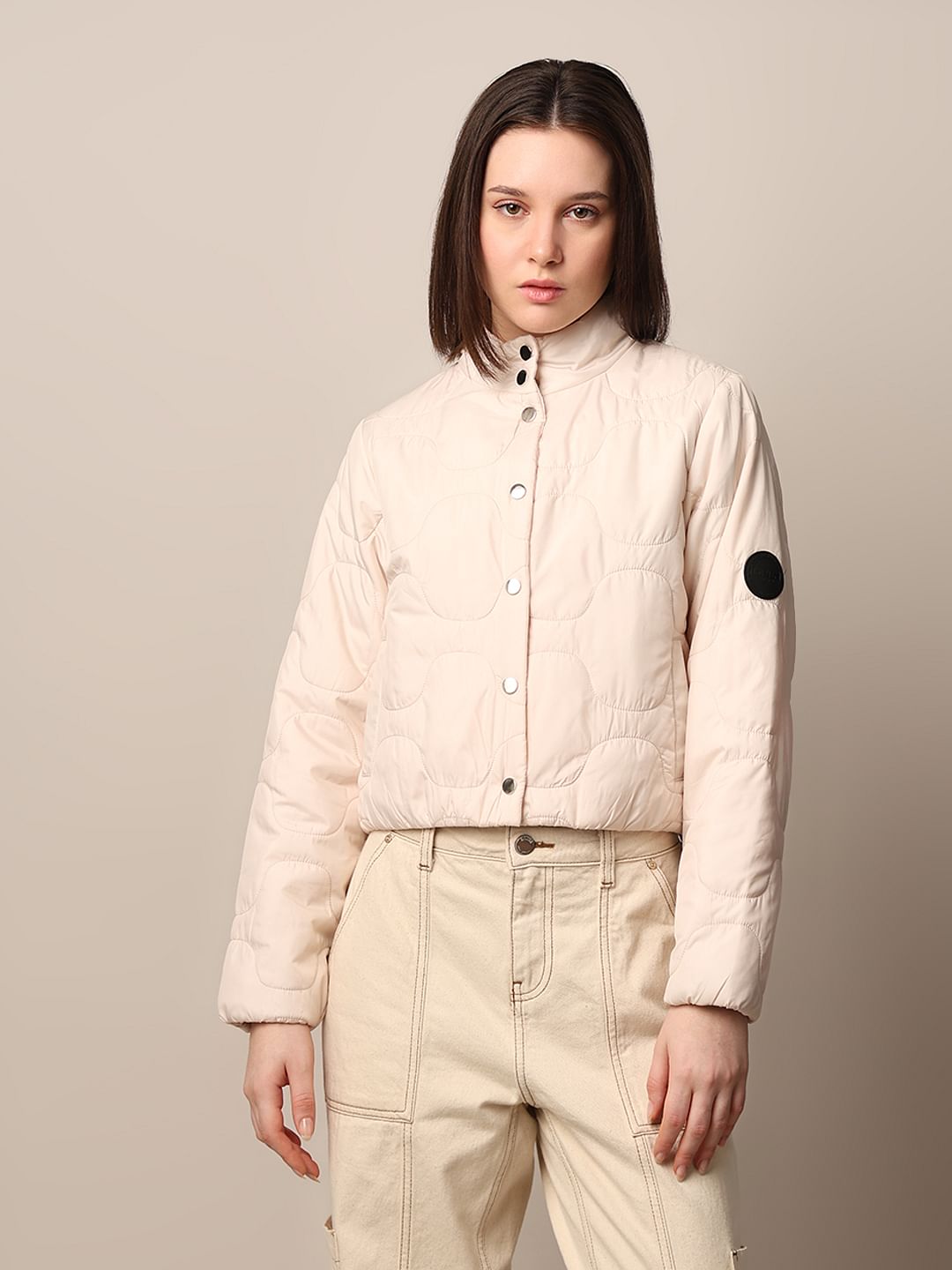 Beige Cropped Quilted Puffer Jacket