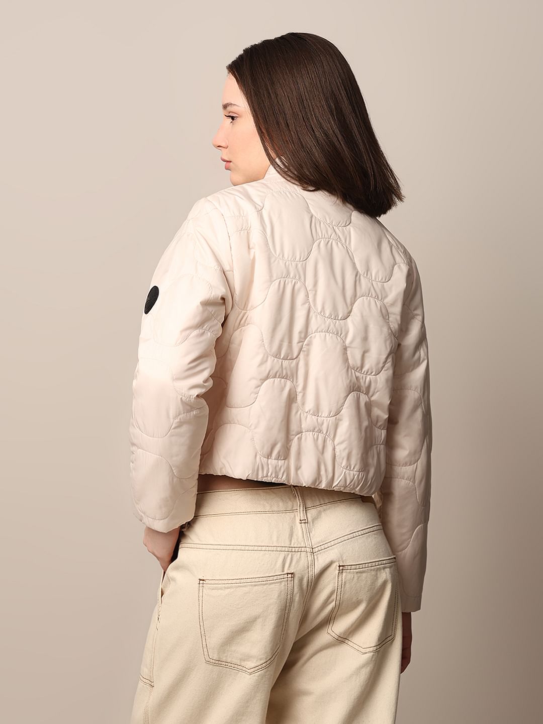 Beige Cropped Quilted Puffer Jacket