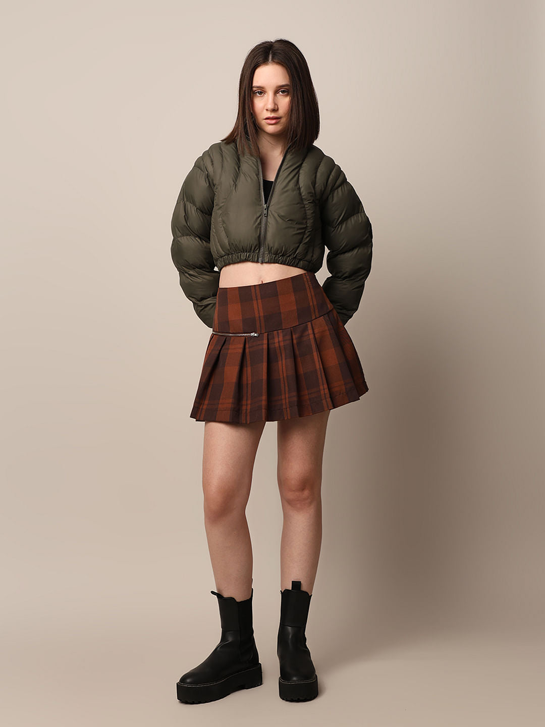 Olive Cropped Quilted Puffer Jacket