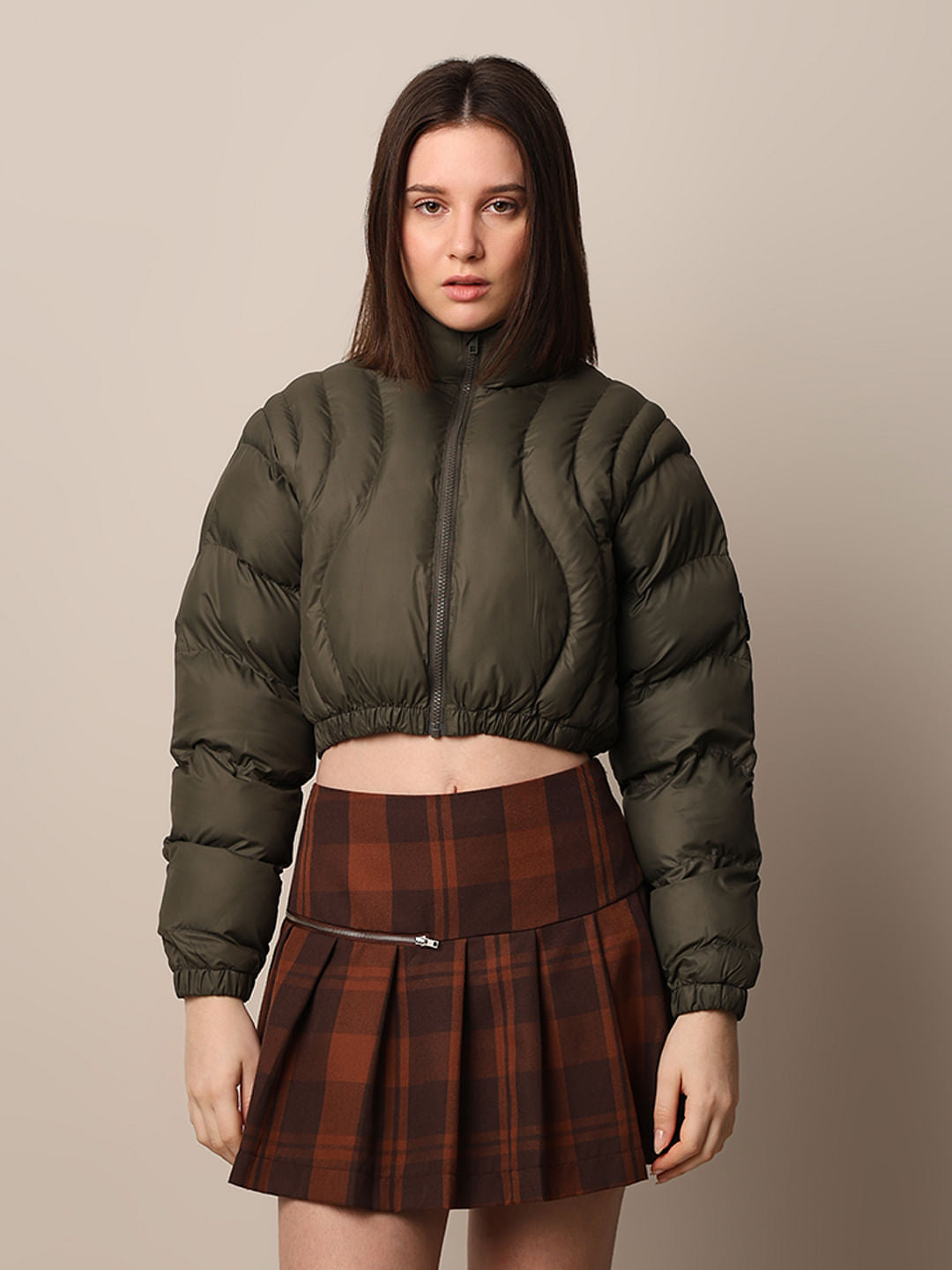 Olive Cropped Quilted Puffer Jacket
