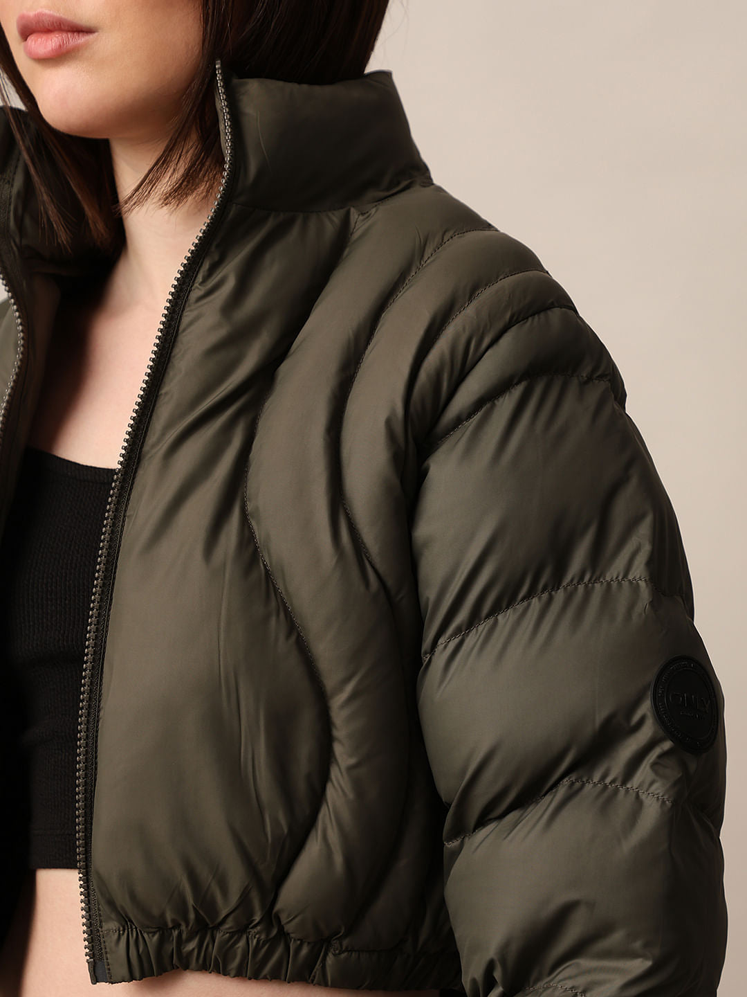 Olive Cropped Quilted Puffer Jacket
