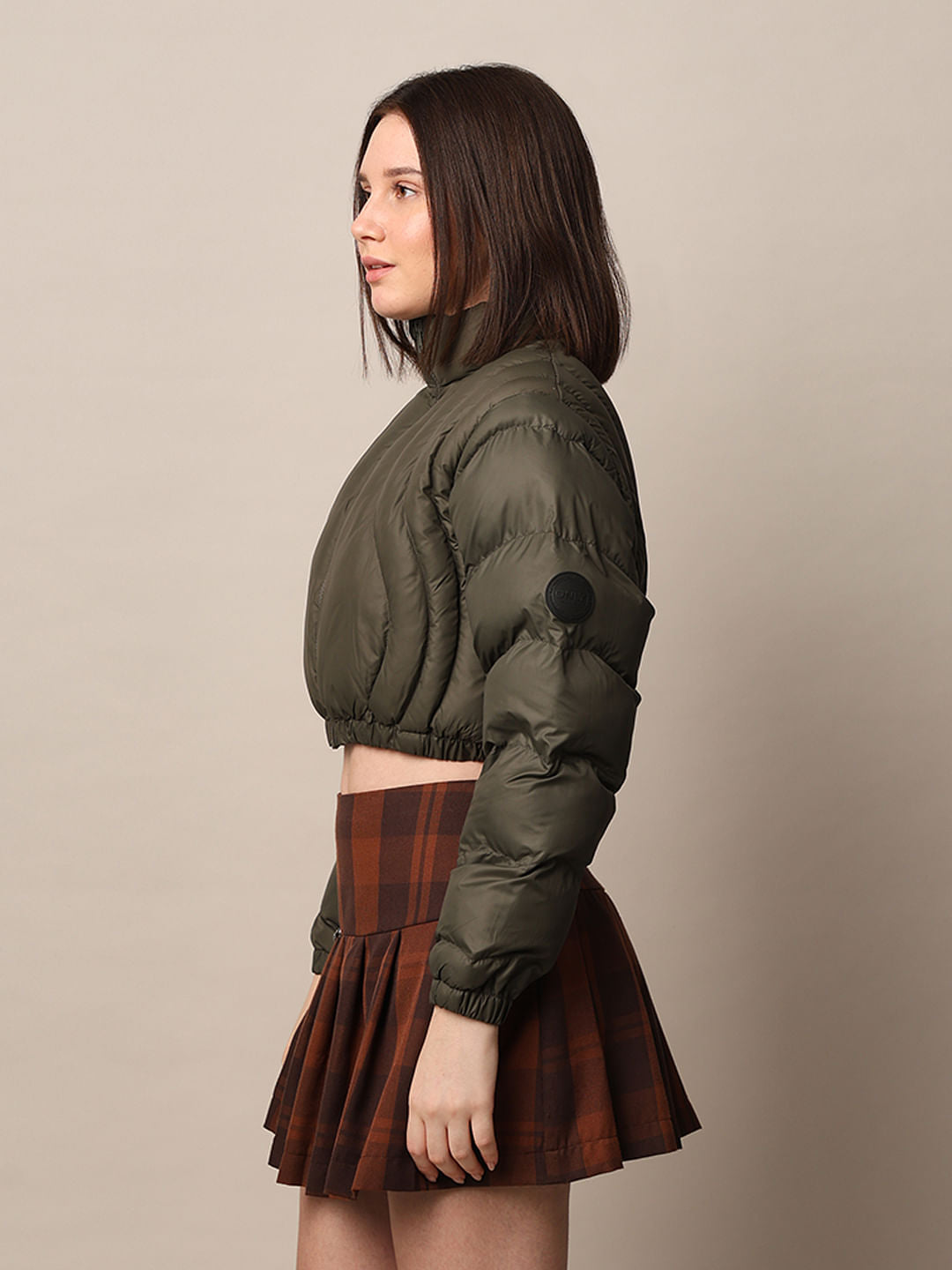 Olive Cropped Quilted Puffer Jacket