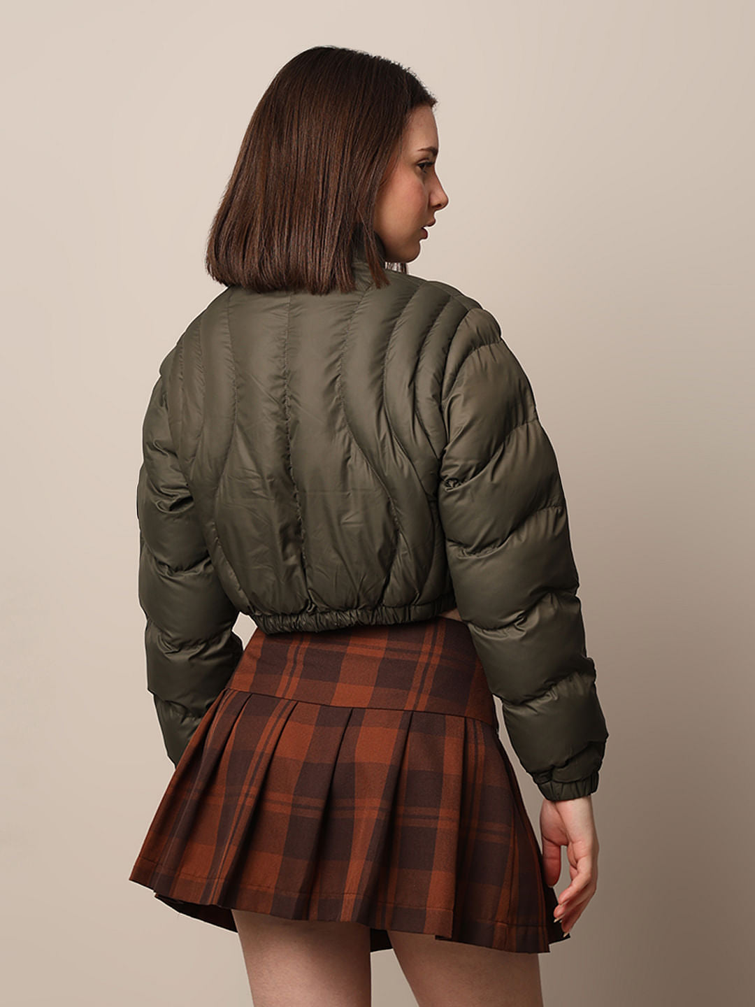 Olive Cropped Quilted Puffer Jacket
