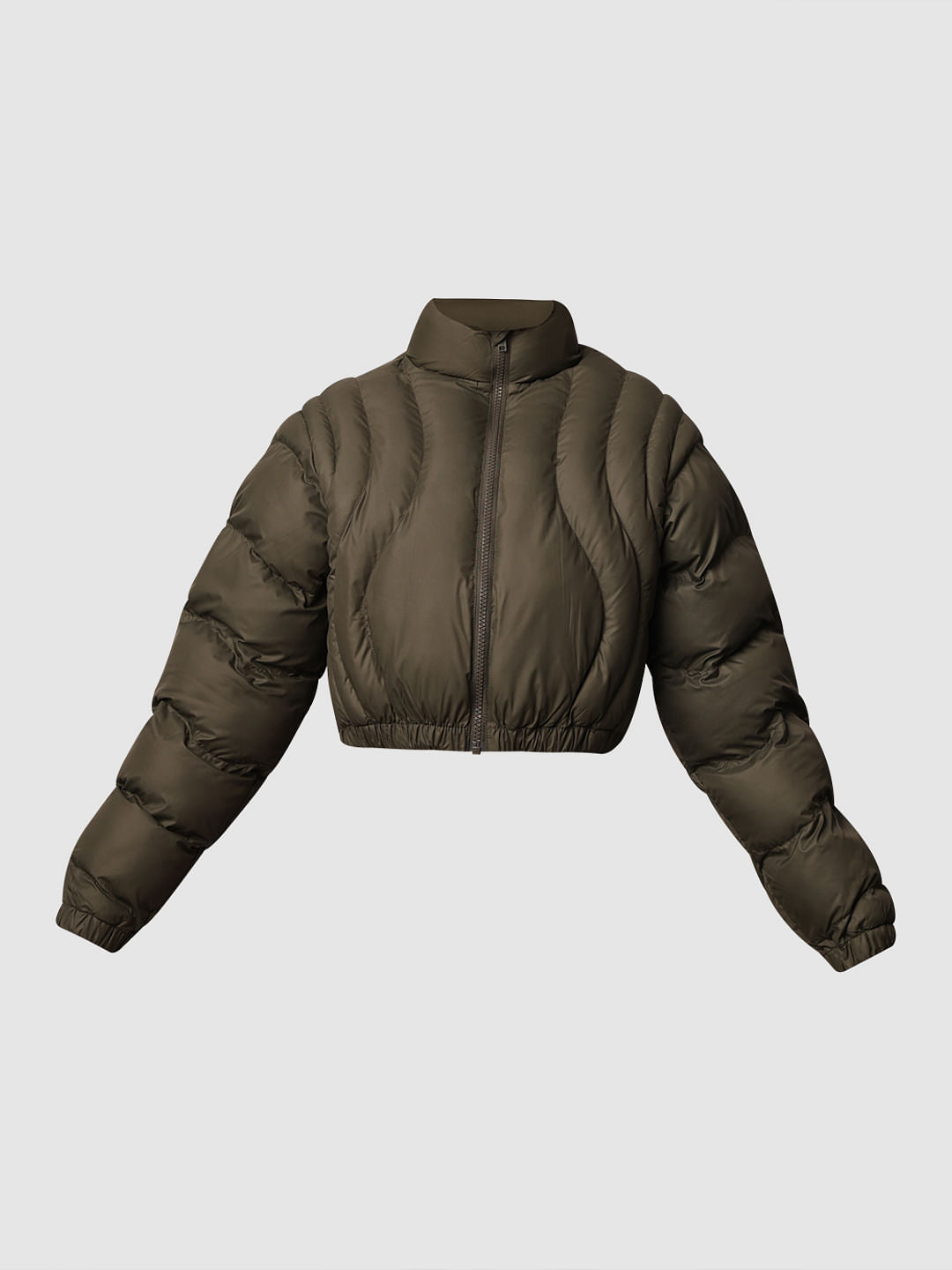Olive Cropped Quilted Puffer Jacket