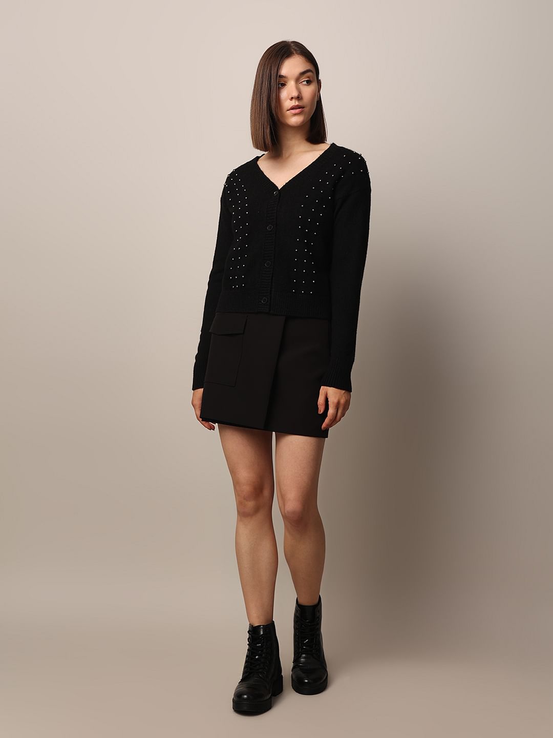 Black Pearl Detail Knitted Cardigan