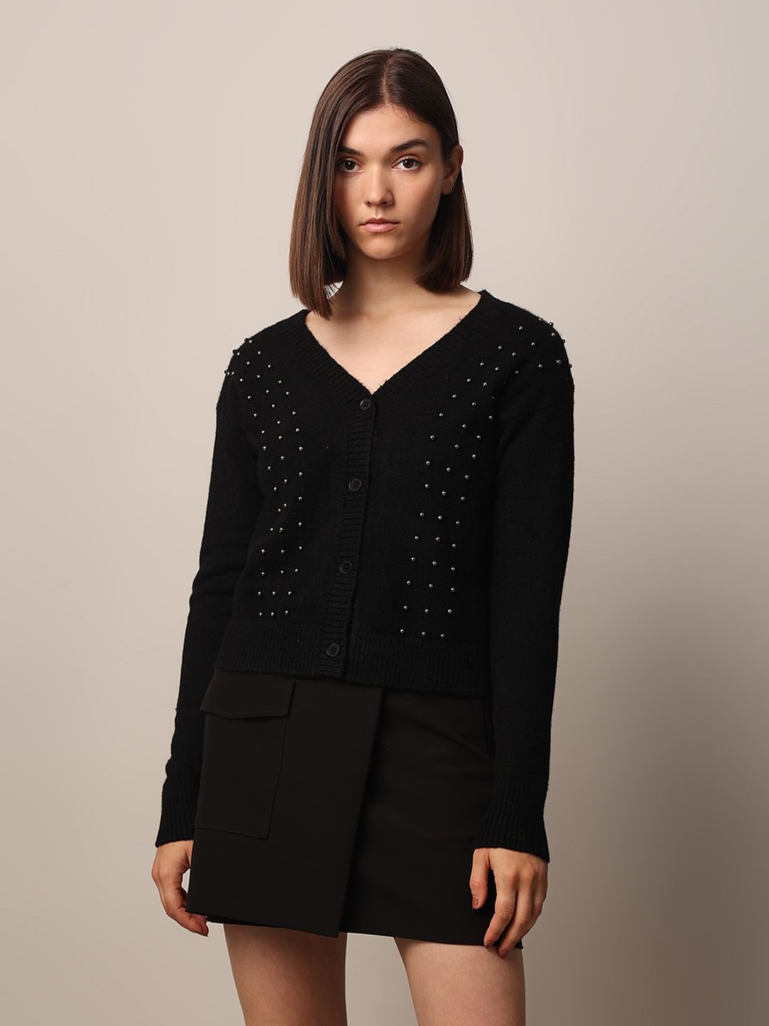 Black Pearl Detail Knitted Cardigan