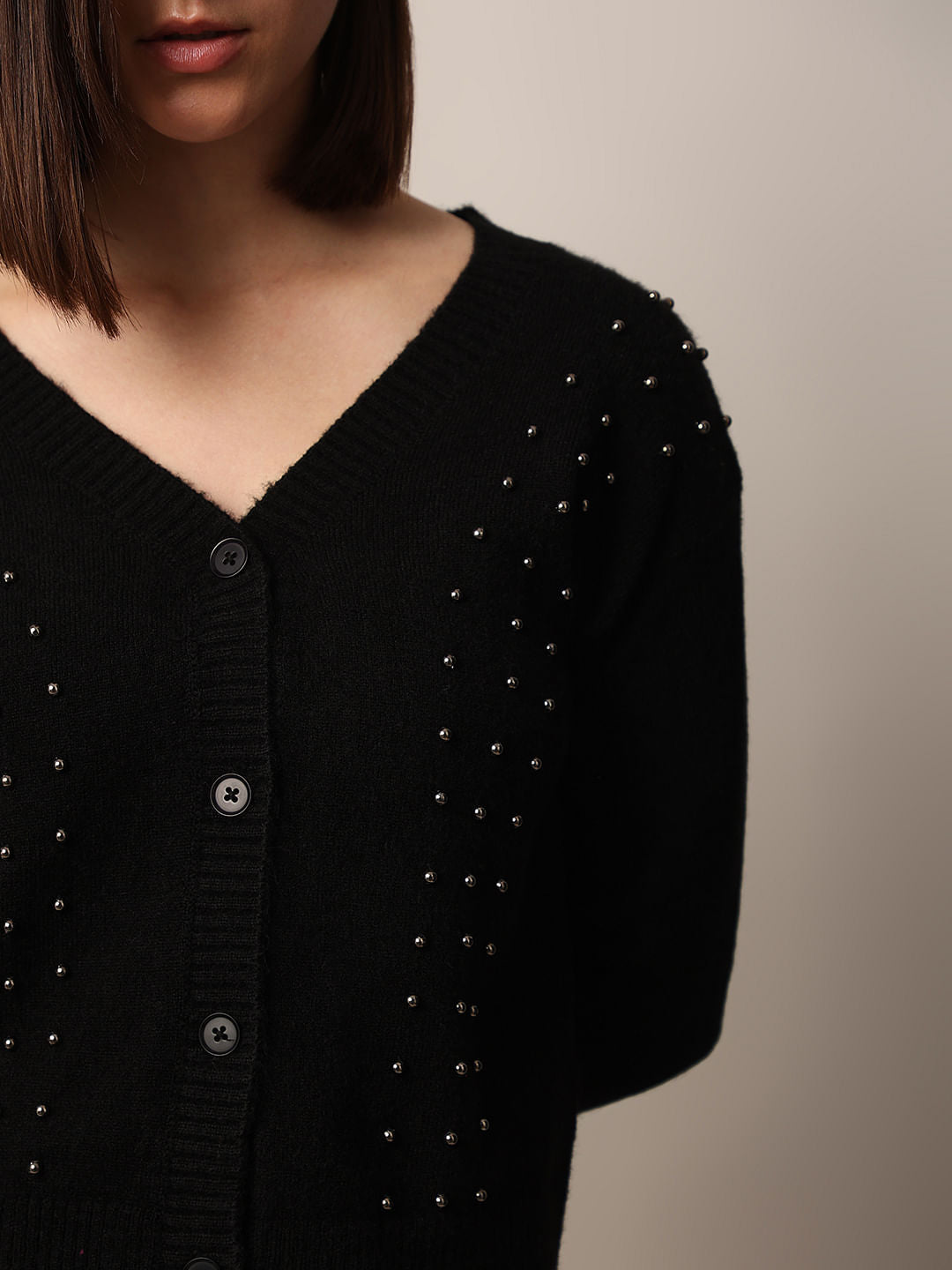 Black Pearl Detail Knitted Cardigan