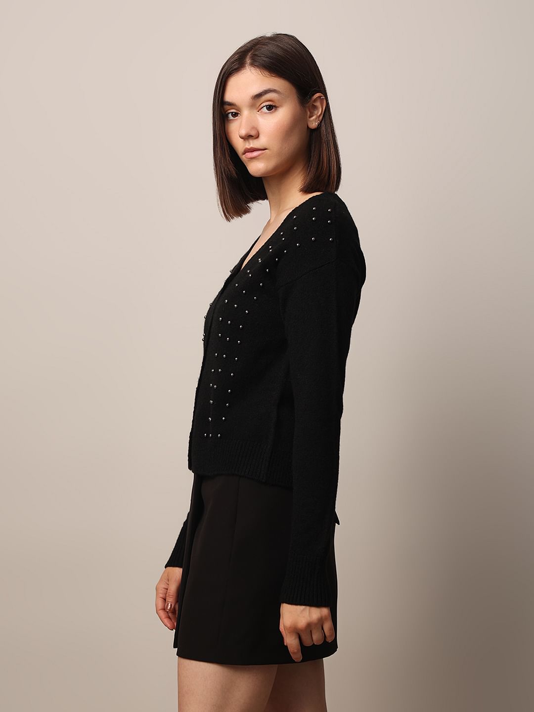 Black Pearl Detail Knitted Cardigan