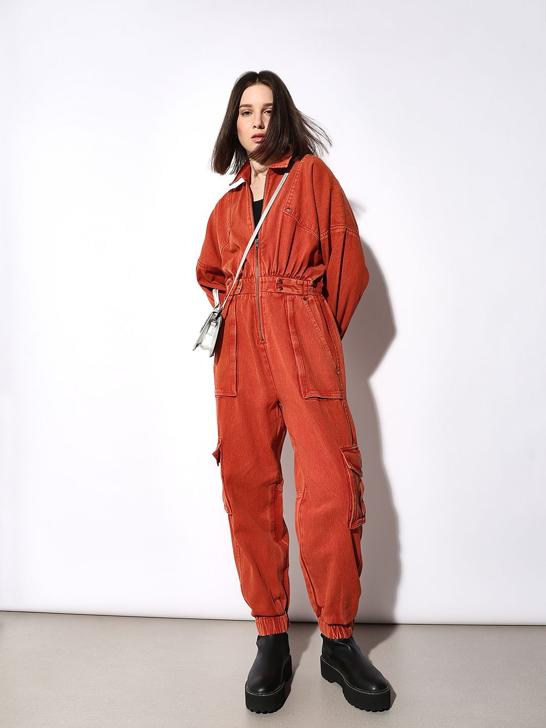 Orange Vintage Washed Cargo Jumpsuit
