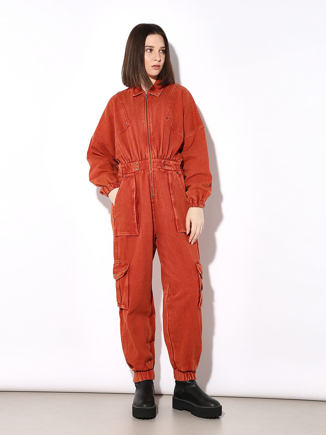 Orange Vintage Washed Cargo Jumpsuit