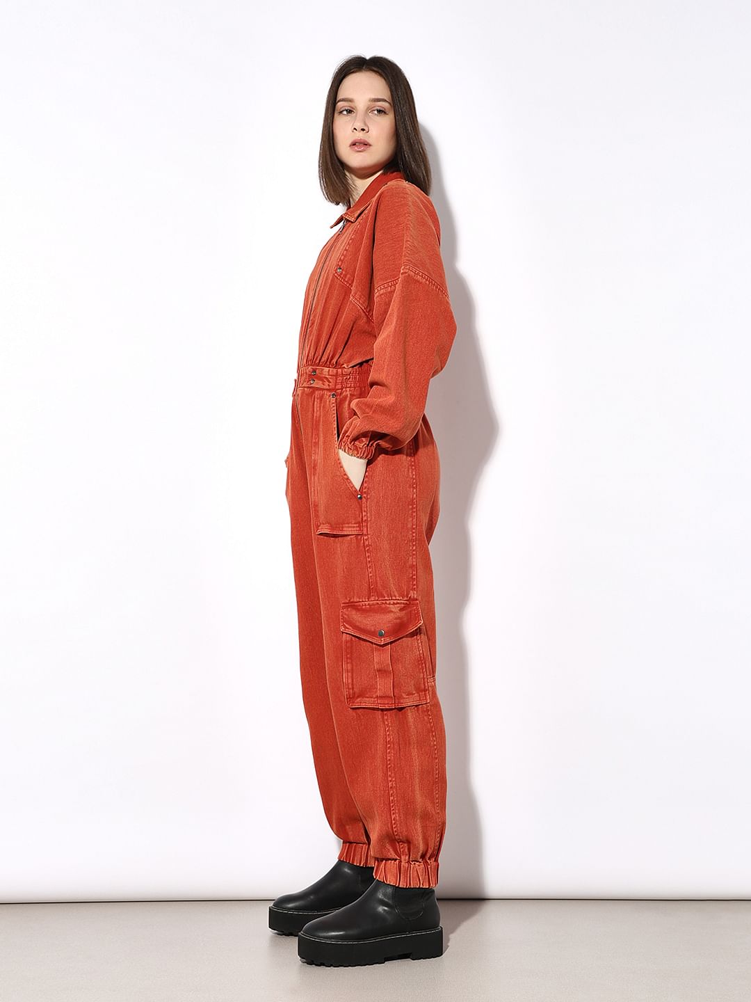 Orange Vintage Washed Cargo Jumpsuit