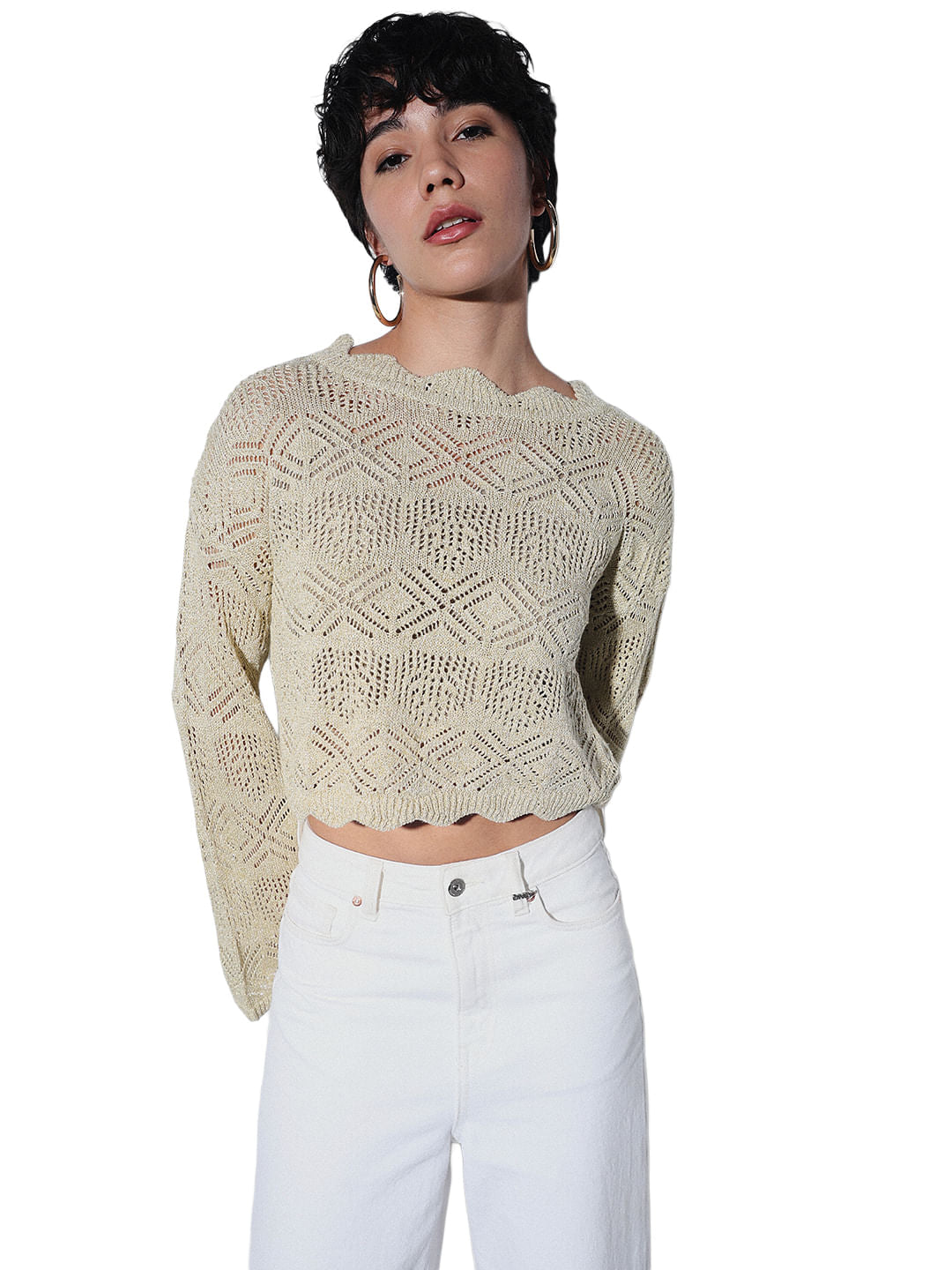 Beige Crochet Knit Pullover