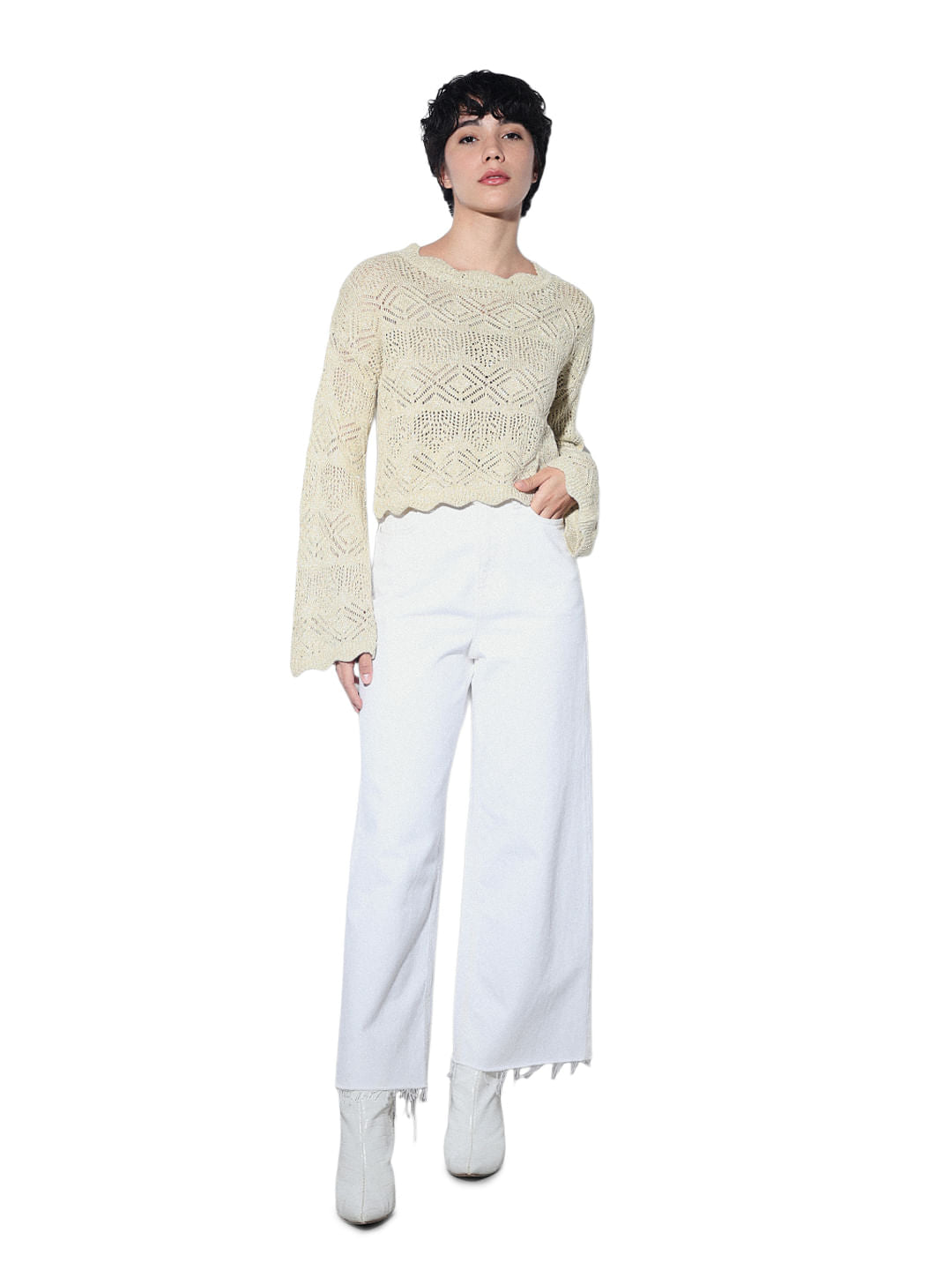 Beige Crochet Knit Pullover