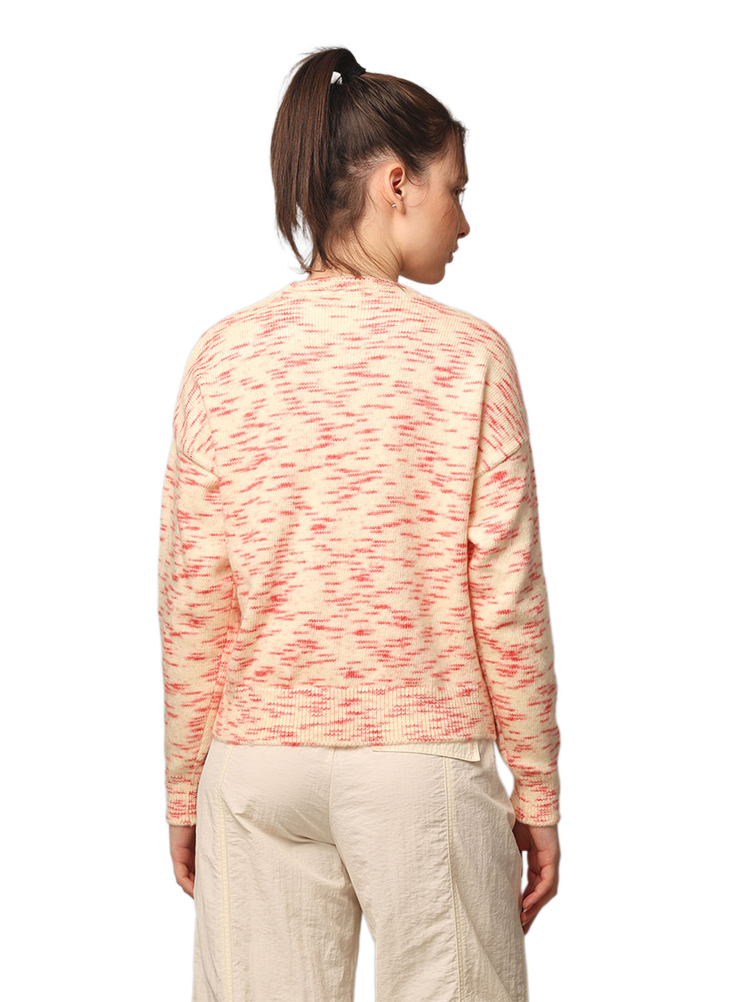 Beige Printed Rib-Knit Pullover