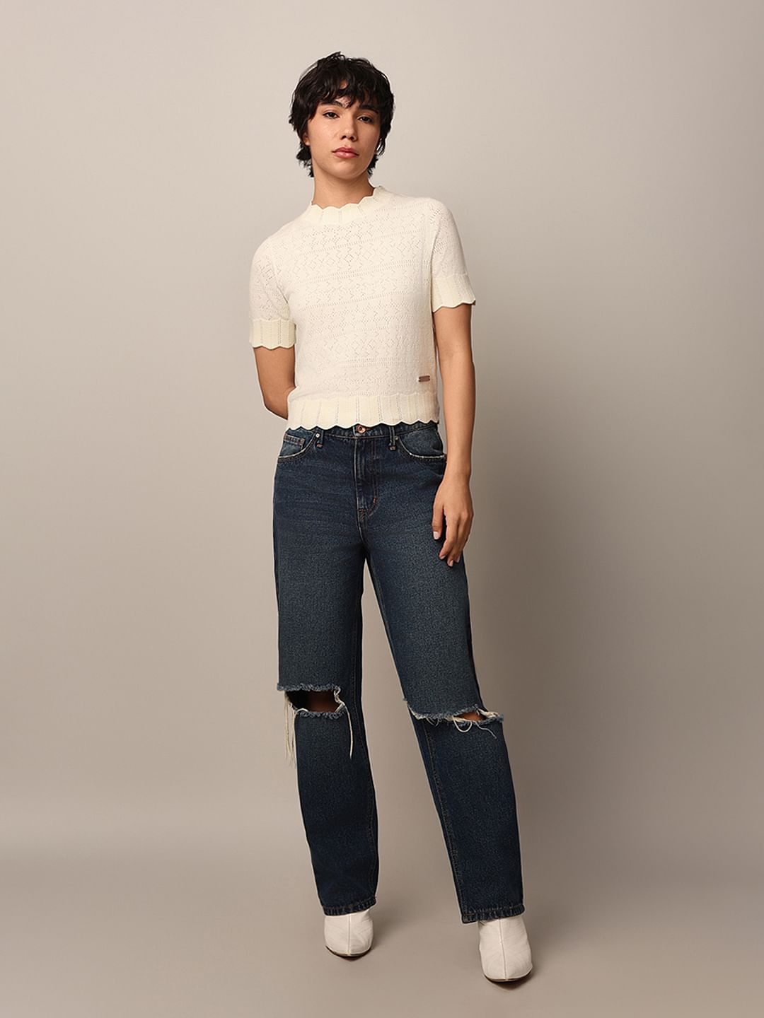 Beige Pointelle Knit Pullover