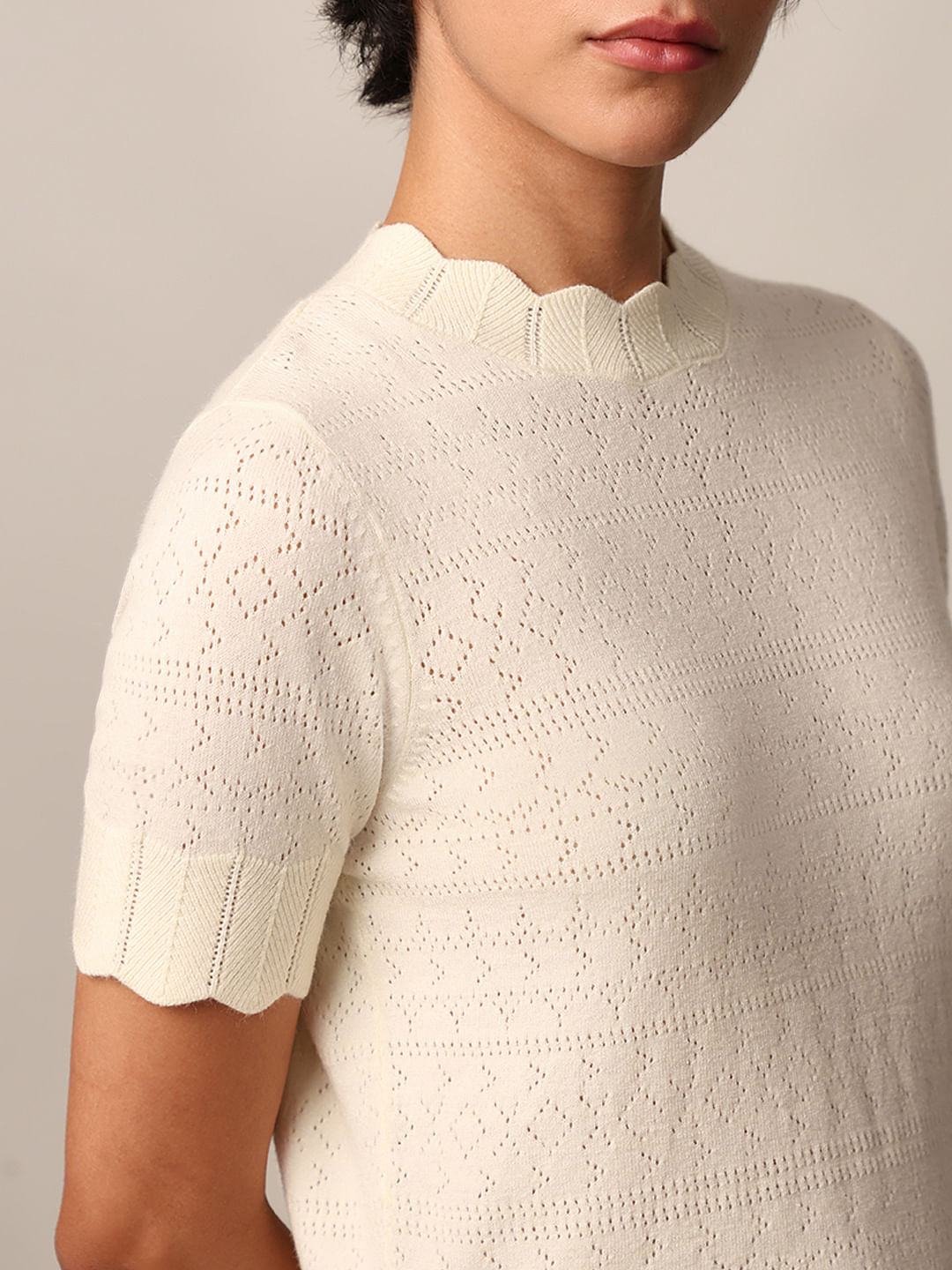 Beige Pointelle Knit Pullover