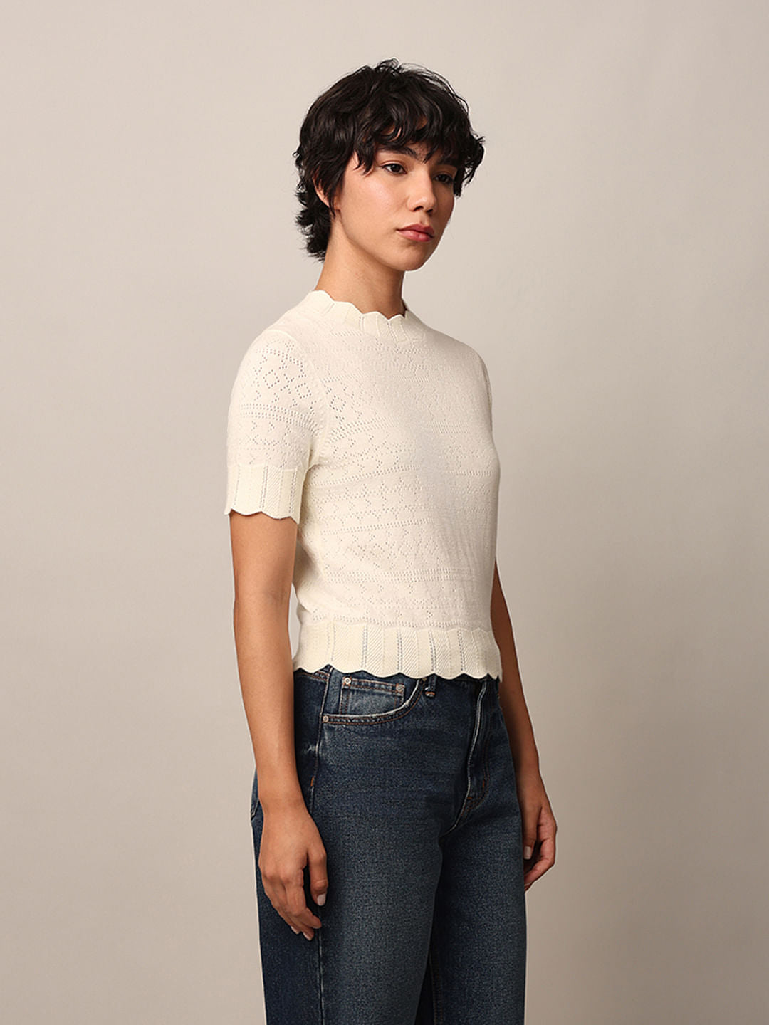 Beige Pointelle Knit Pullover