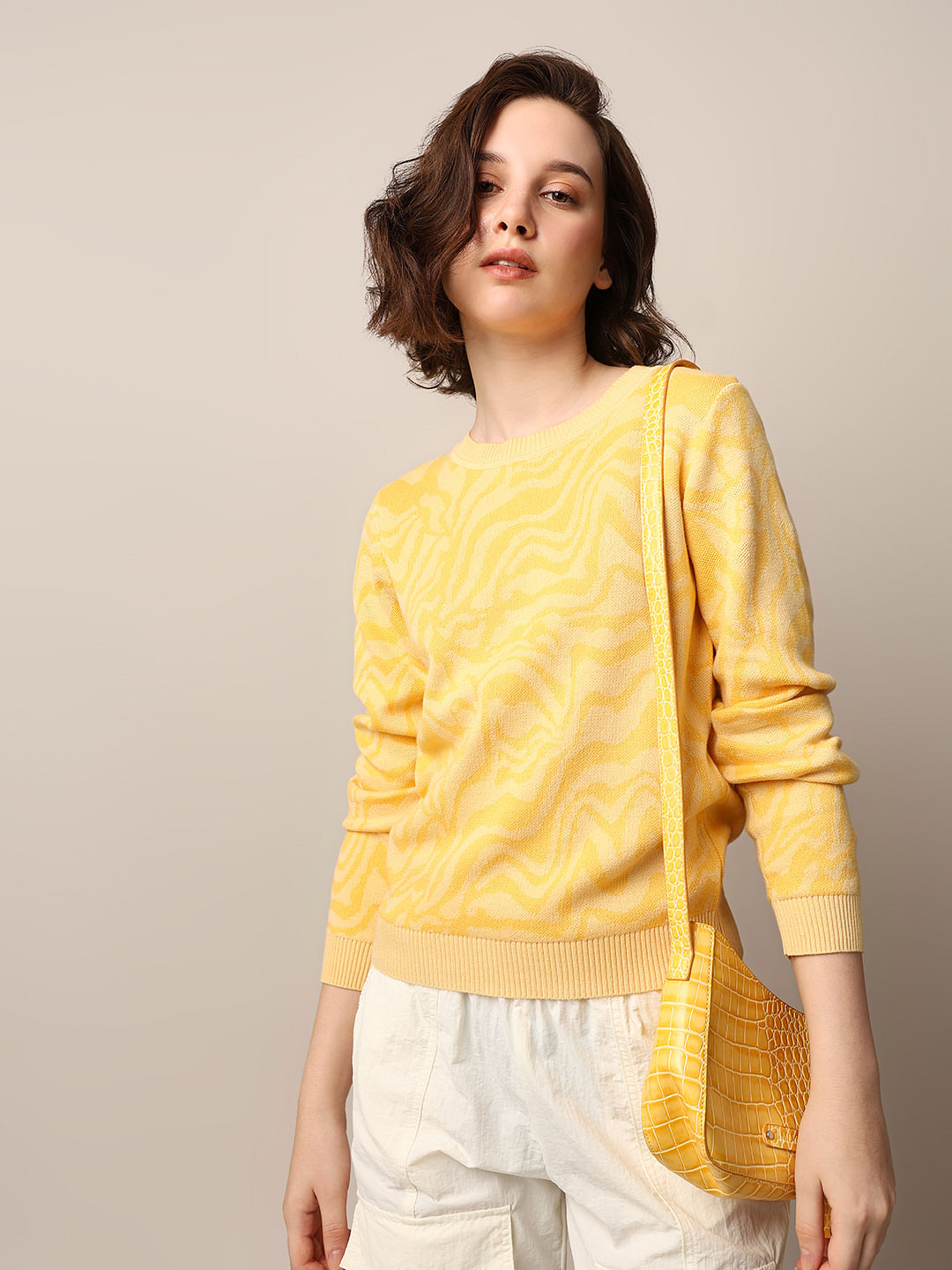 Yellow Printed Jacquard Knit Pullover