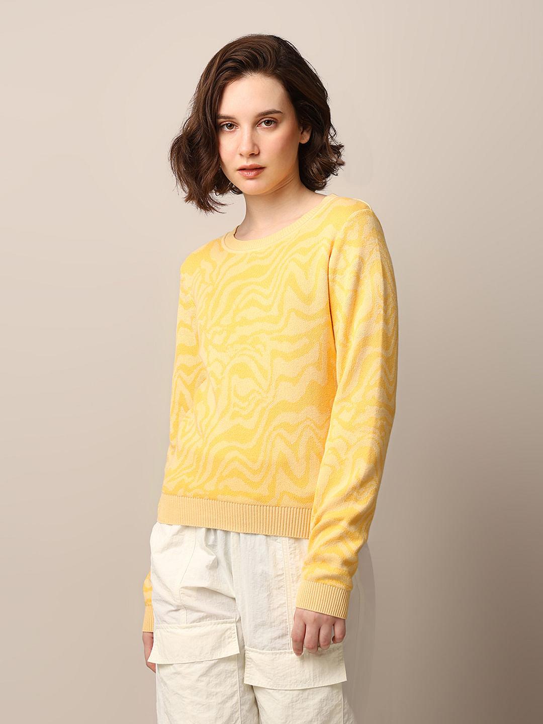 Yellow Printed Jacquard Knit Pullover