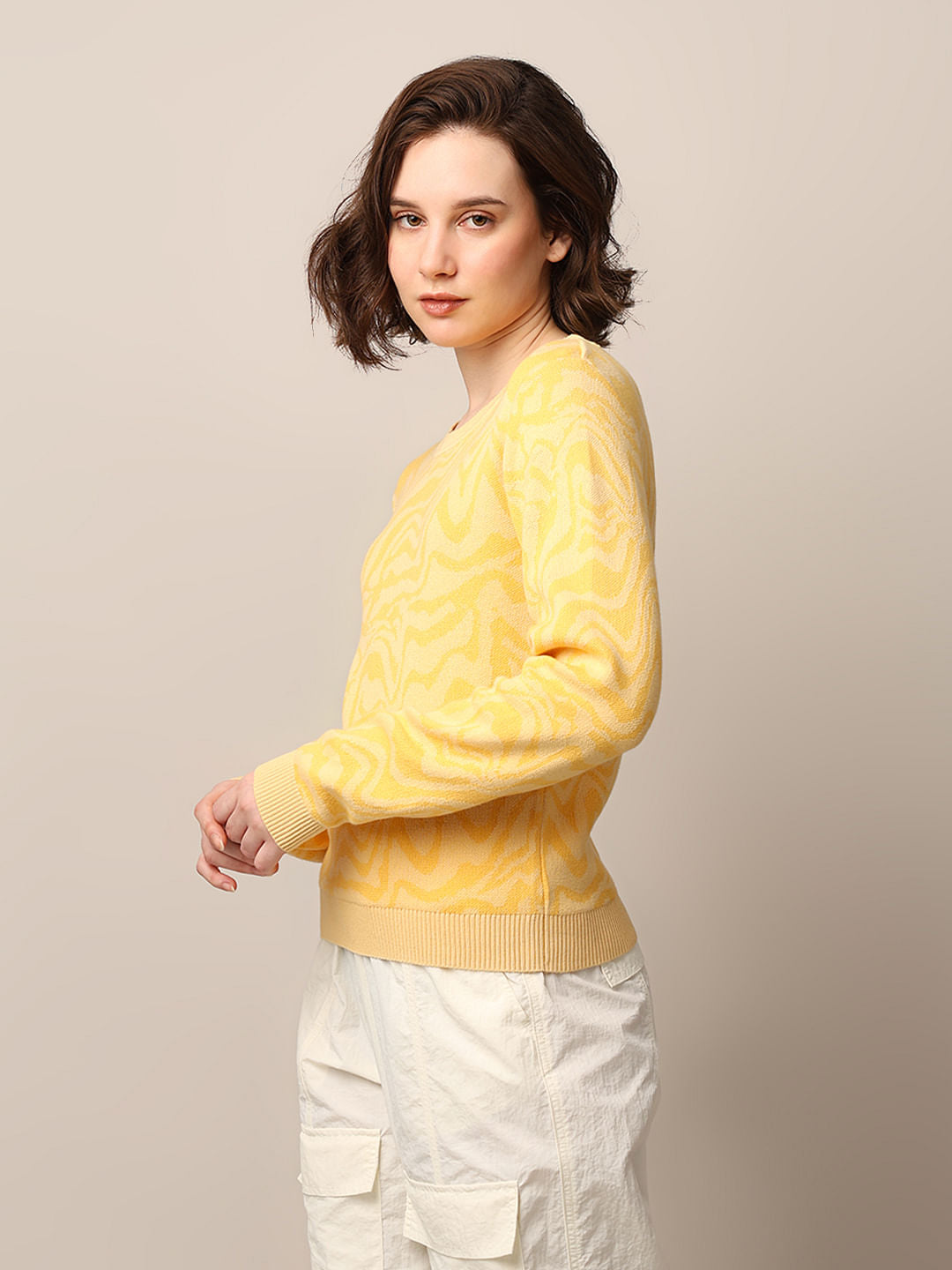 Yellow Printed Jacquard Knit Pullover