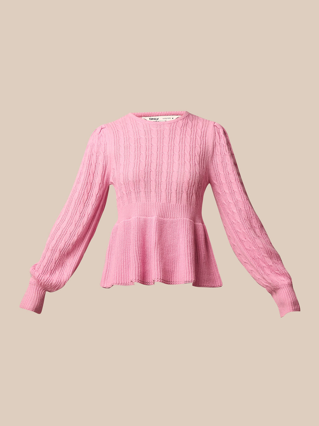 Pink Rib-Knit Peplum Pullover