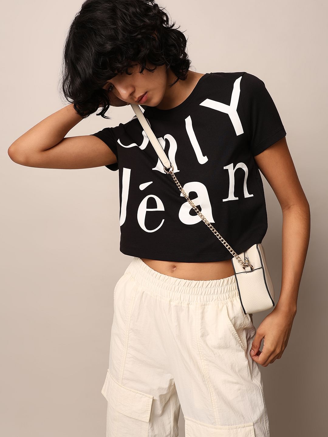 Black Printed Cropped T-Shirt