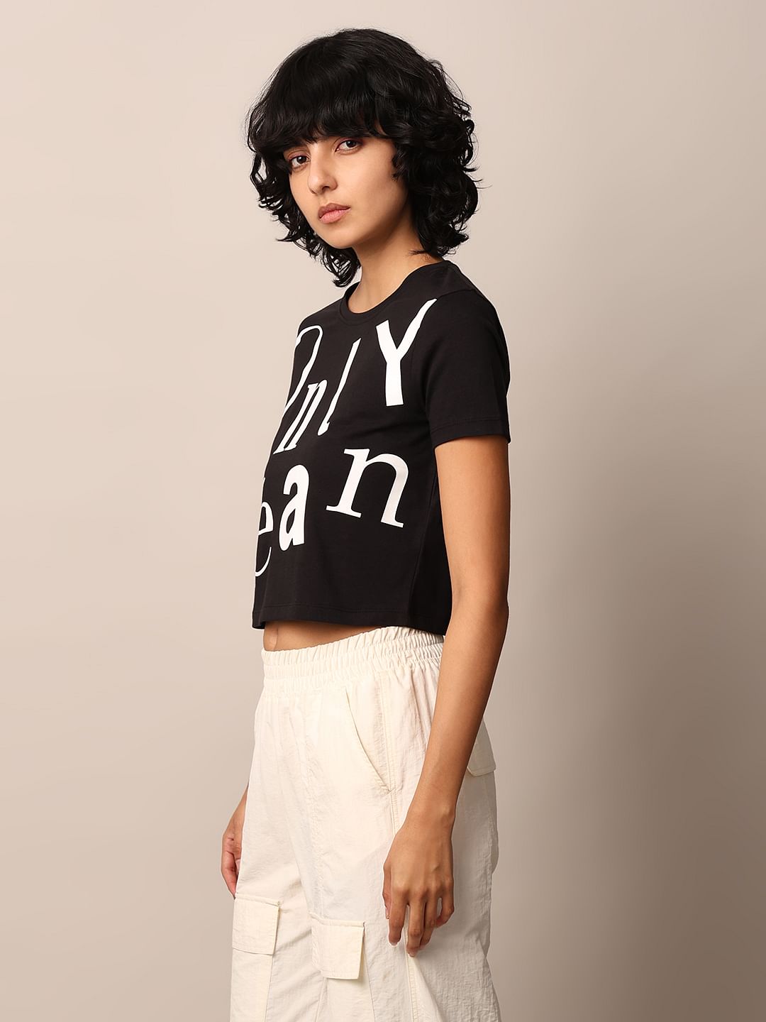 Black Printed Cropped T-Shirt